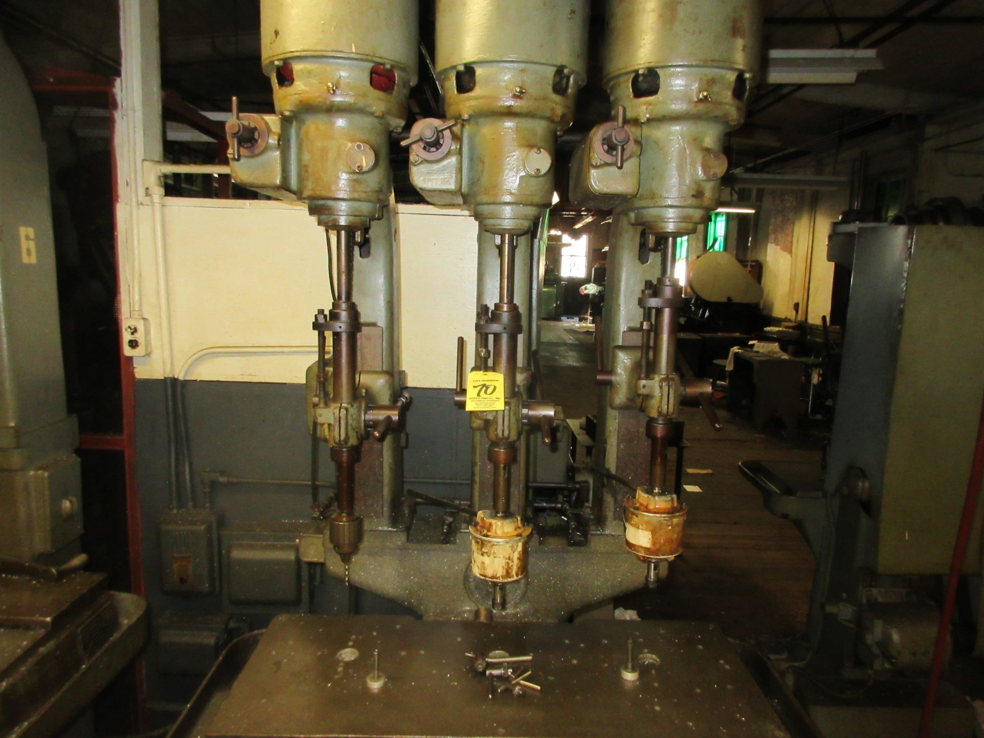 (1) Leland Gifford Triple Spindle Production Drill w/ (2) Procunier #2 Tapping Heads, 36" Table