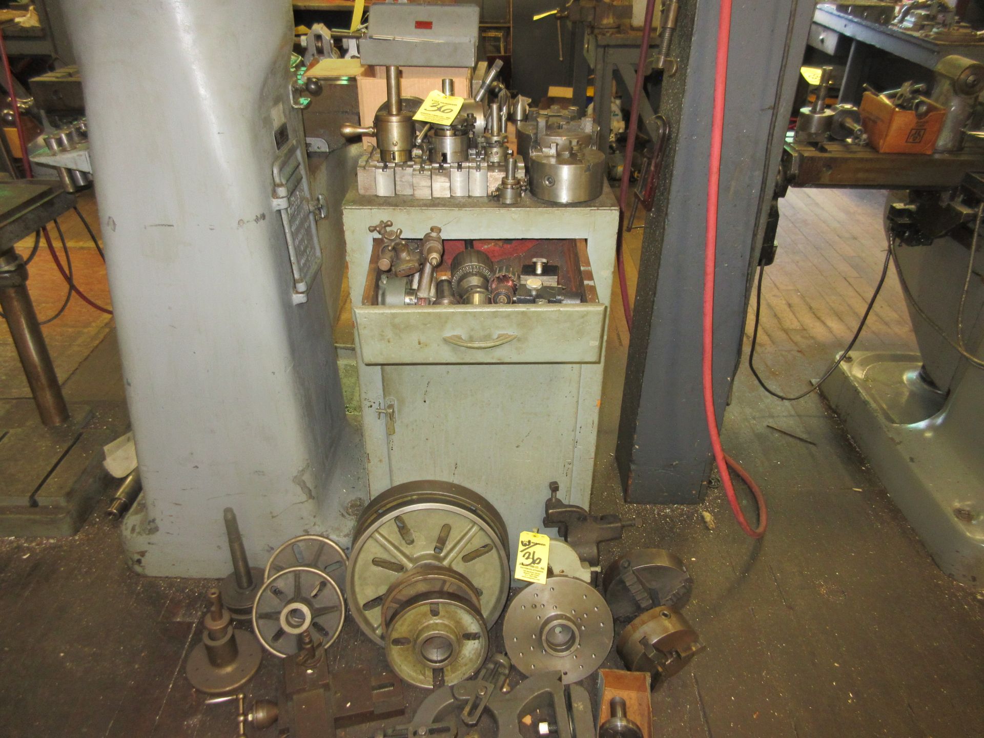 LOT Asst. Lathe Tooling Consisting of: 3 & 4 Jaw Chucks, Face Plates, Spindle Noses, Cross Table,