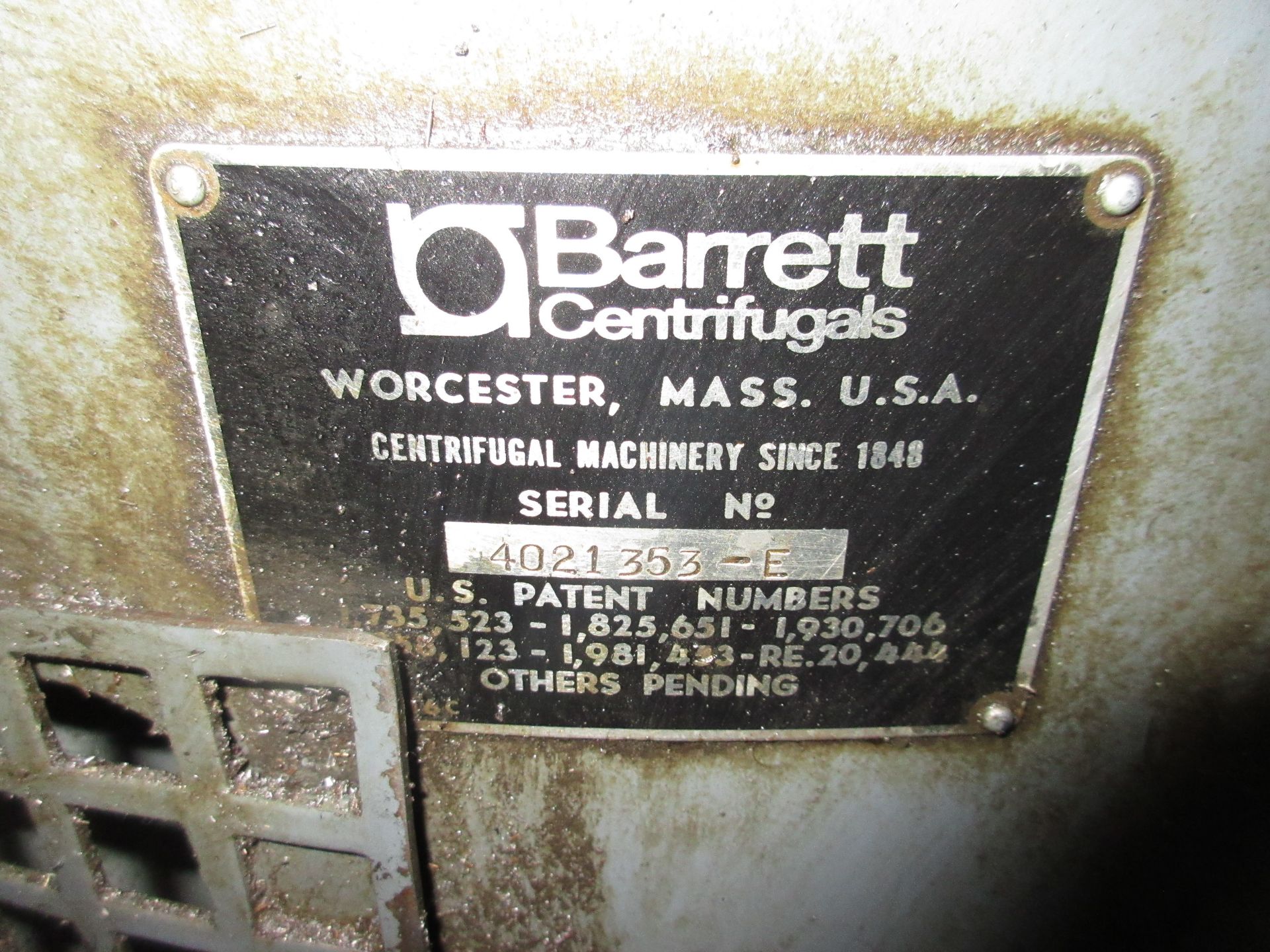 (1) Barrett Centrifuge S/N 4021353-E, 1,200 RPM, 20 Loads Per Hour w/ 225 Lb. Load, Barrett - Image 3 of 6