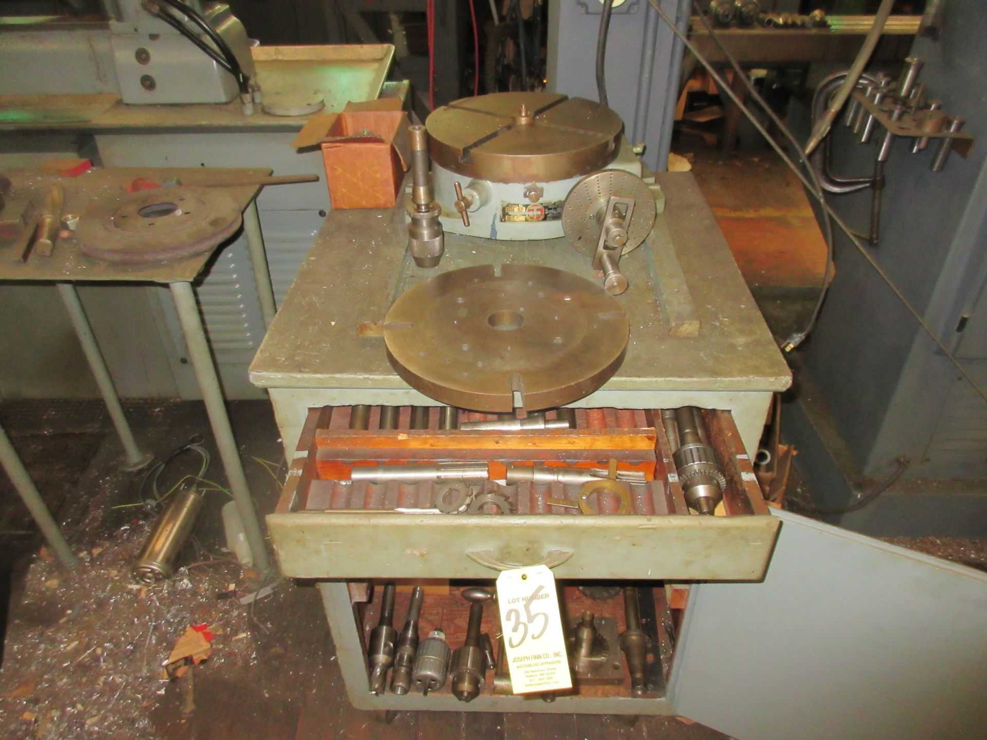 (1) Troyke B412, 12" Rotary Table, 12" Plate, Cutters, Tool Holders, Chucks, w/ Port. Wood Cabinet