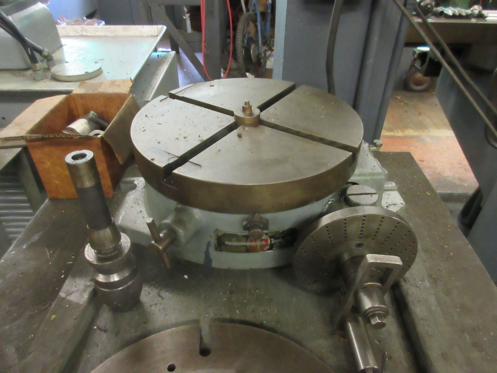 (1) Troyke B412, 12" Rotary Table, 12" Plate, Cutters, Tool Holders, Chucks, w/ Port. Wood Cabinet - Image 2 of 3