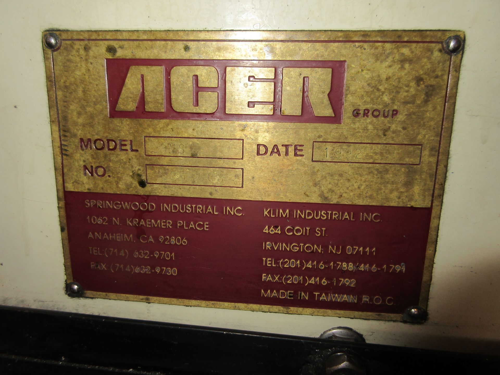 (1) 1992 Acer Ultima Model 3VS CNC Vertical Mill s/n 9266608, 9" x 42" Table Size, Proto Trak MX2 - Image 4 of 6