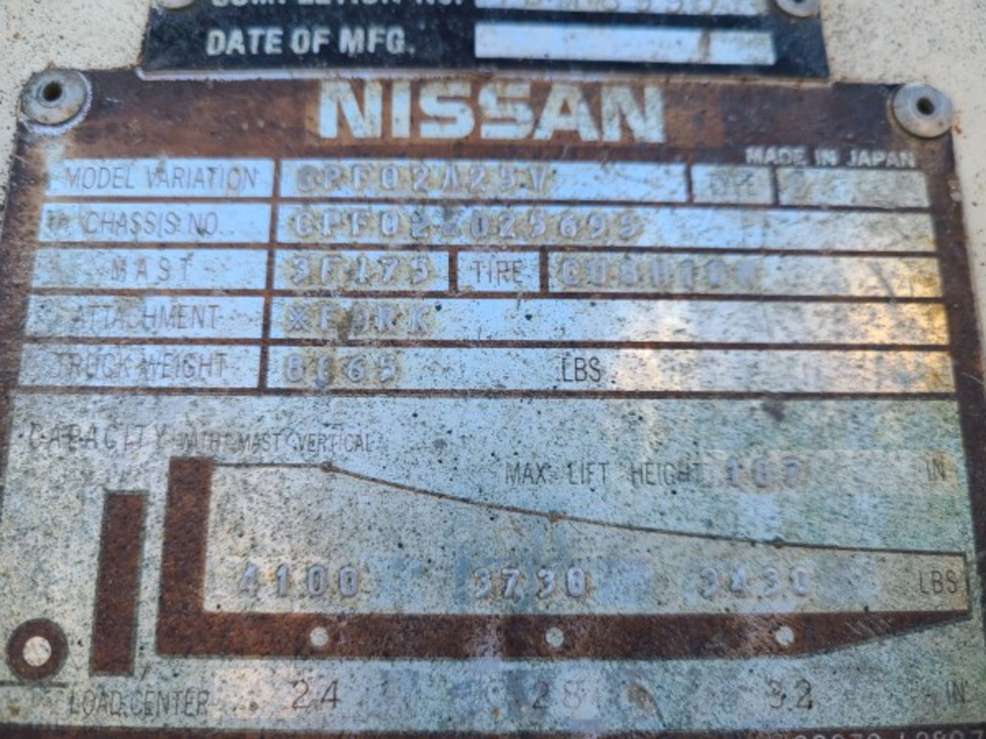 Nissan Mod. CPF02A25V, 5000 lb. cap., 218" lift, side shift, propane, cushion rubber, 3407 hrs., - Image 7 of 11