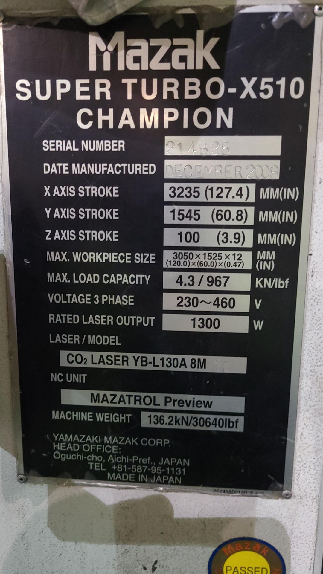 LASER CUTTER – 2008 MAZAK SUPER TURBO X510 CHAMPION, CO? LASER MOD YB-L130A 8M 1300W, 3050 MM X 1525 - Image 11 of 14