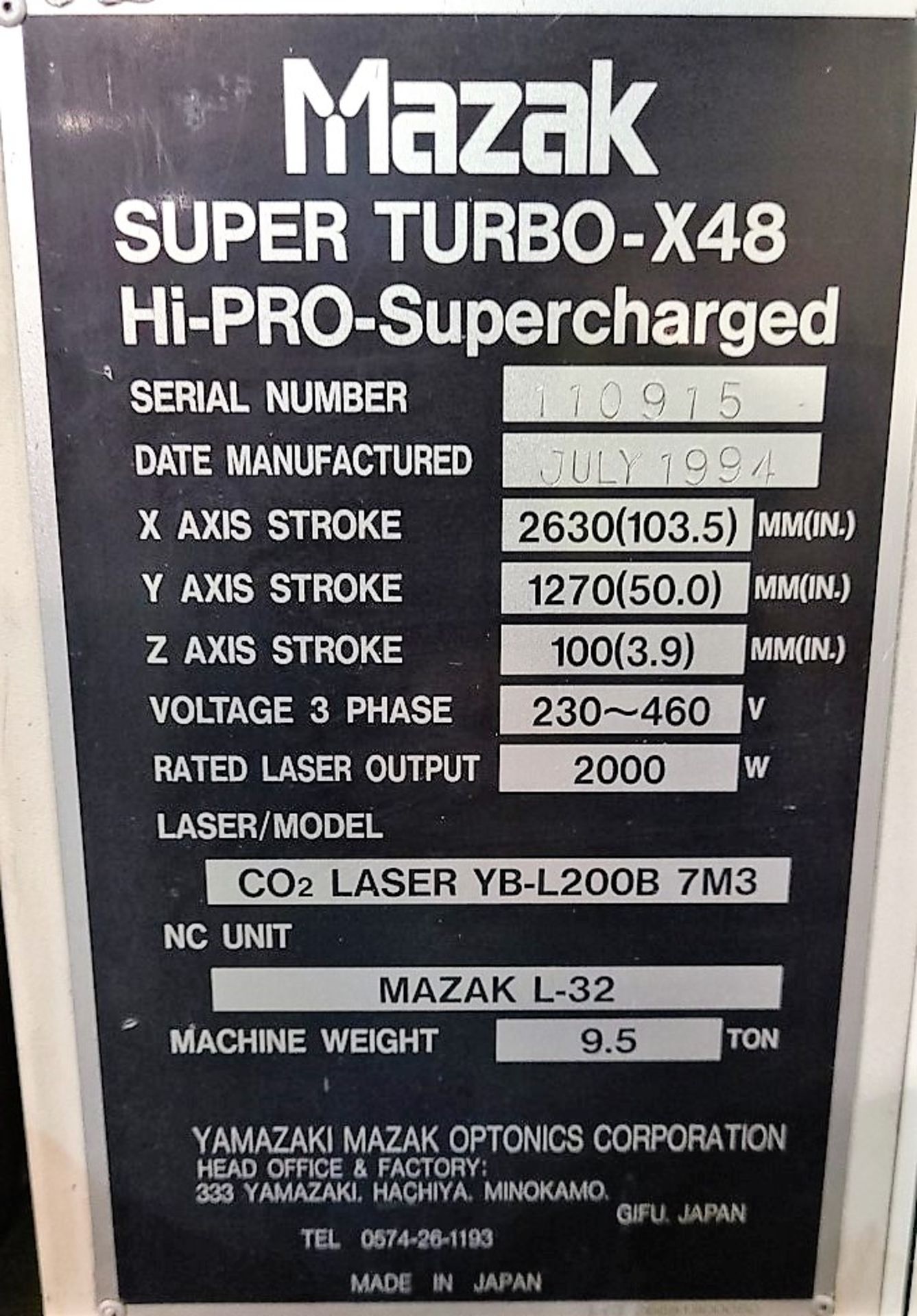 LASER CUTTER – NEEDS REPAIR – 1994 MAZAK SUPER TURBO -X48 HI-PRO SUPERCHARGED, CO? LASER MOD YB- - Image 8 of 8