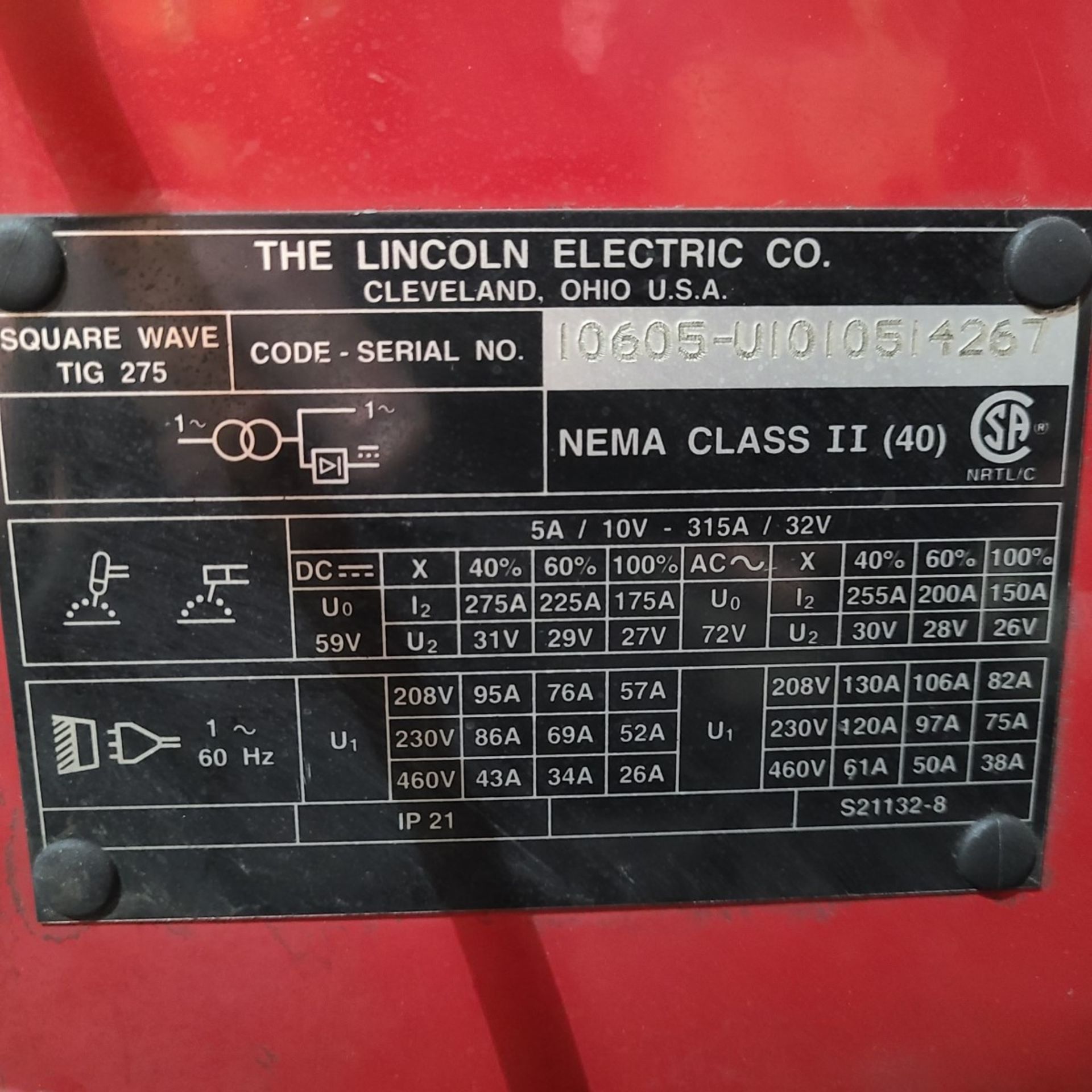 LINCOLN SQUARE WAVE TIG 275 WELDER. S/N U1010514257 W/LINCOLN COOL-ARC 40 - Image 4 of 4