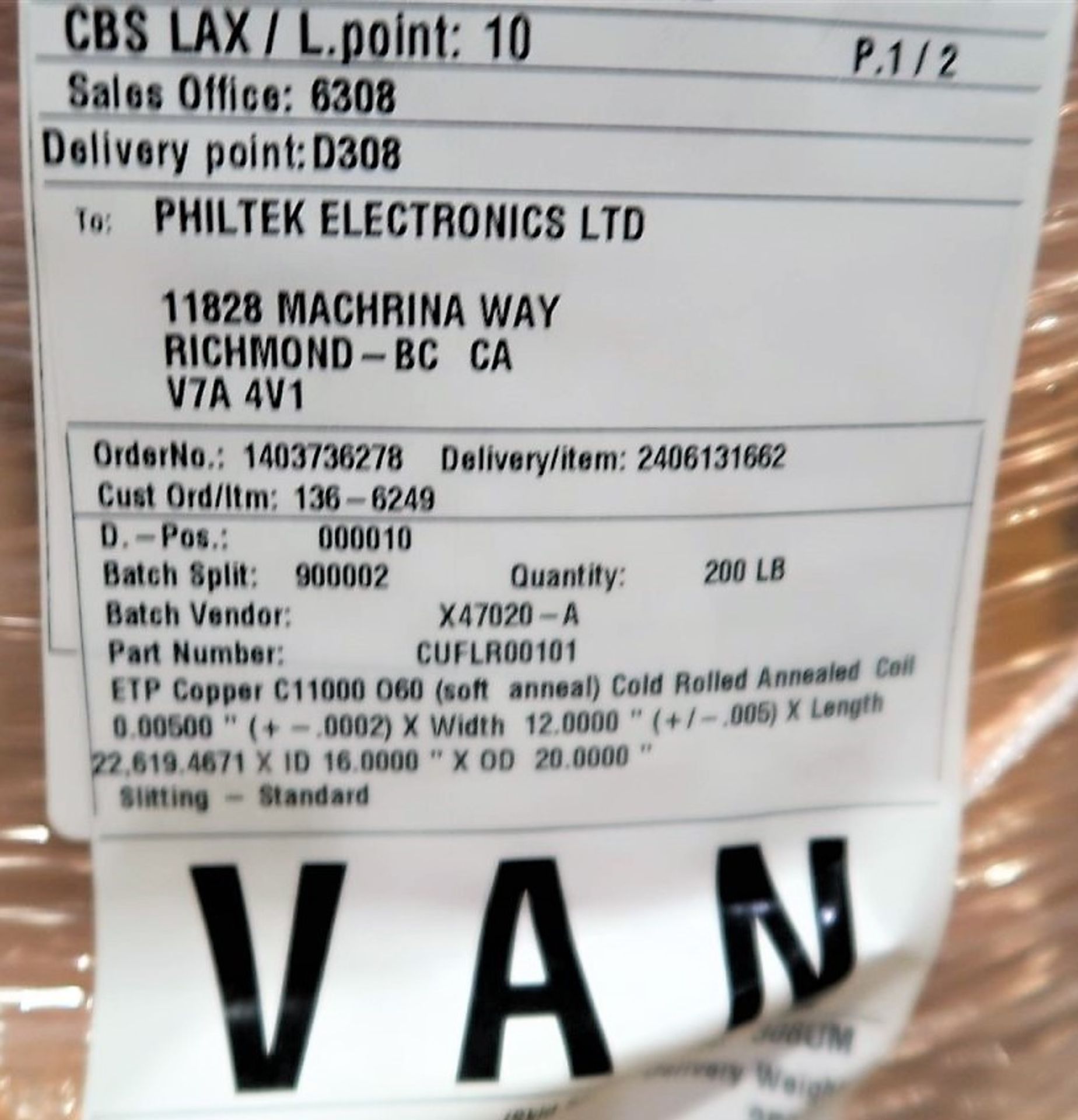 PALLET OF 4 COILS OF 12" W COPPER SHEETING - 200 LBS., 1 ROLL 12 " COPPER APPROX. 50 LBS., ROLL ON - Image 2 of 2