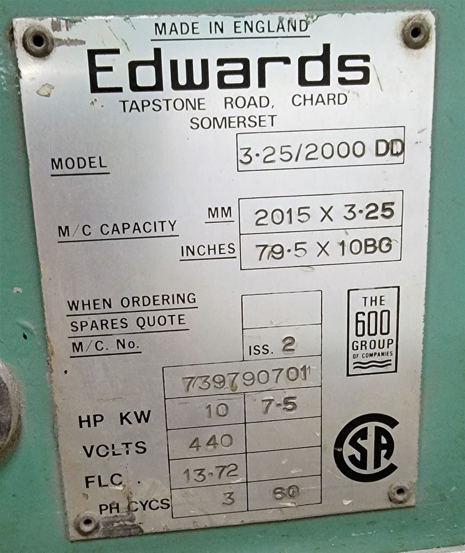 Edwards 600 Model 3.25 / 2000 DD, 80" X 1/8", direct drive, 10hp/440v/3ph - Image 5 of 5