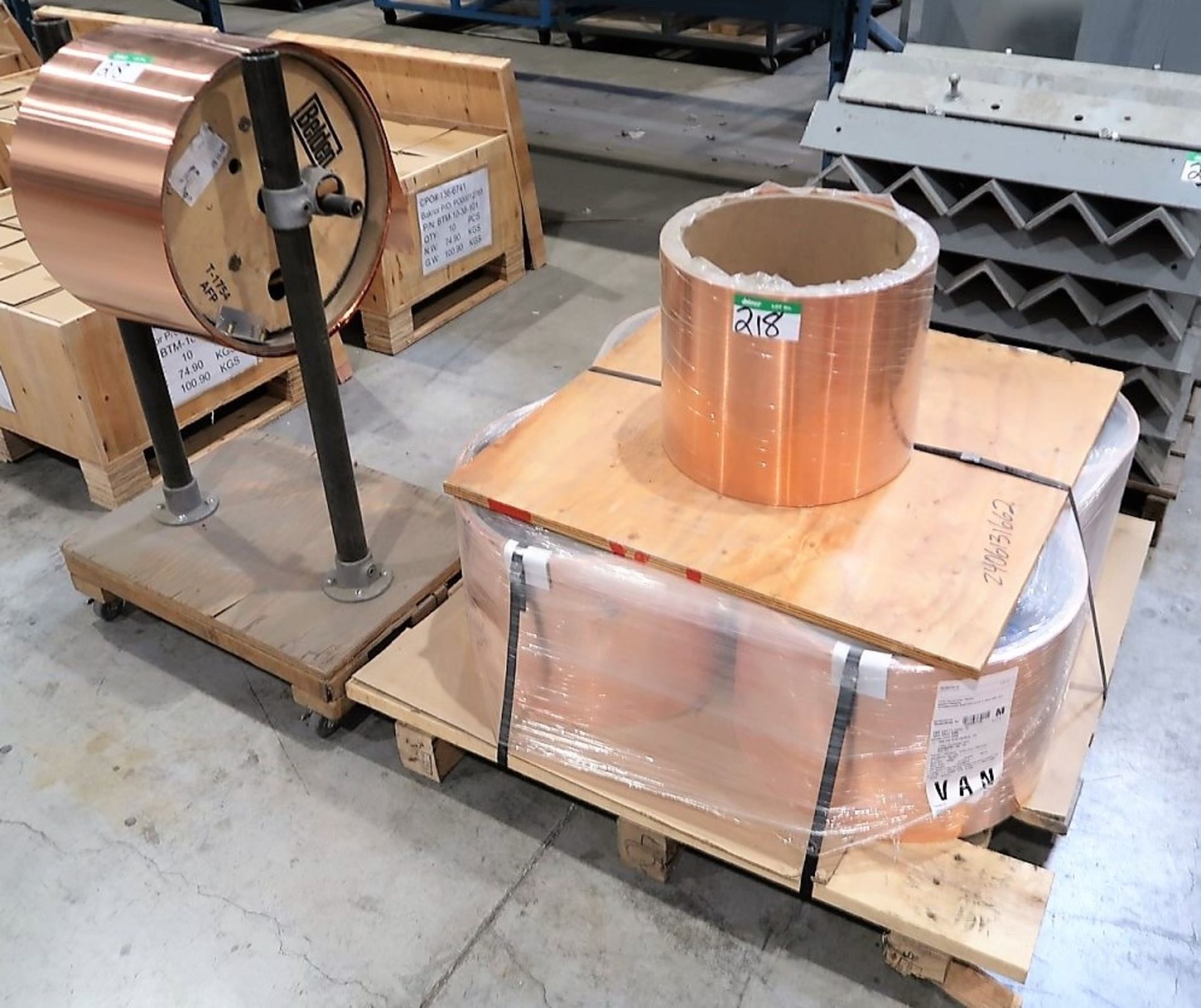 PALLET OF 4 COILS OF 12" W COPPER SHEETING - 200 LBS., 1 ROLL 12 " COPPER APPROX. 50 LBS., ROLL ON