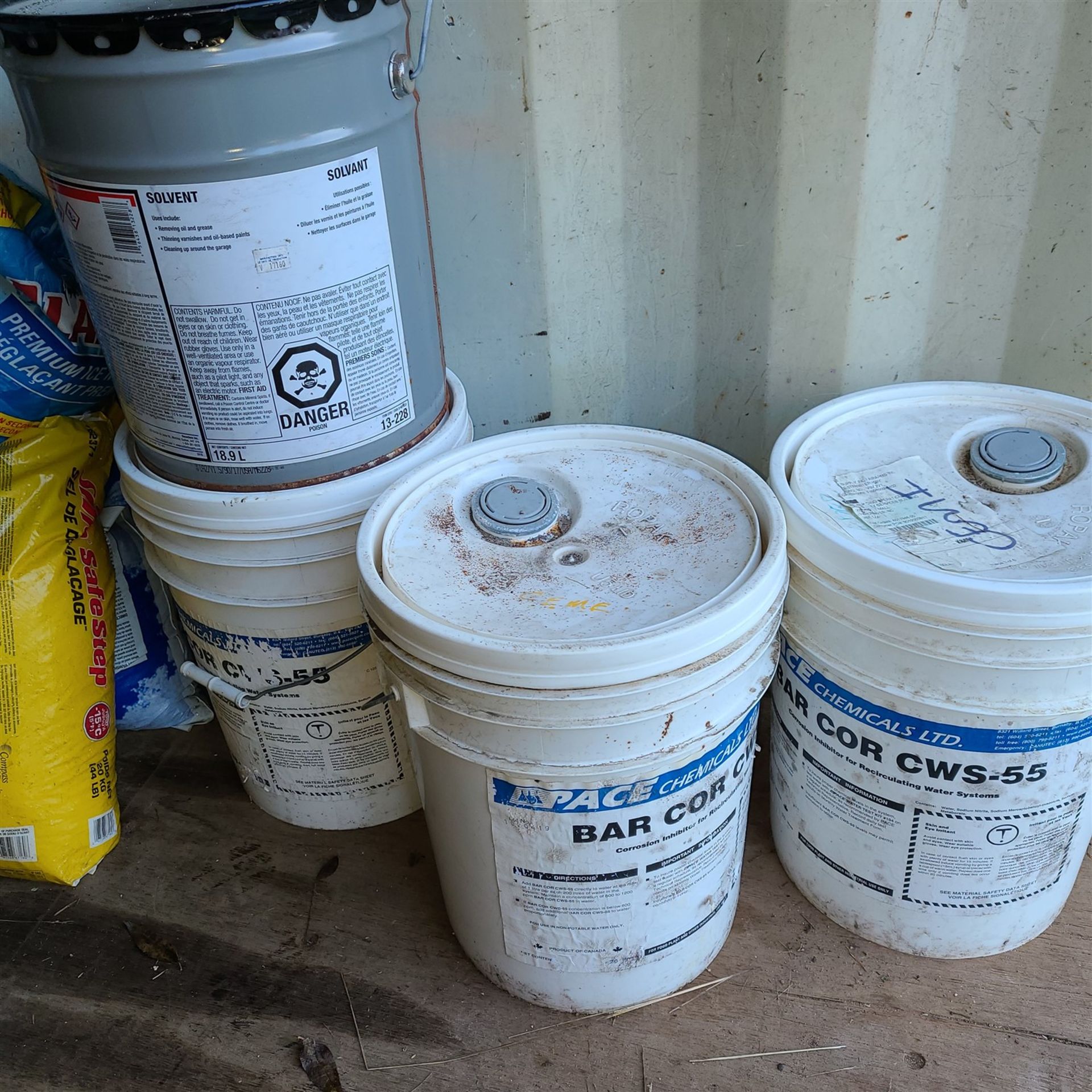 CONTENTS OF CONTAINER IN LOT #93 PVC PIPE, 3 PAILS OF BAR COR CWS-55, 1 PAIL OF SOLVENT, ICE MELT ( - Image 3 of 4