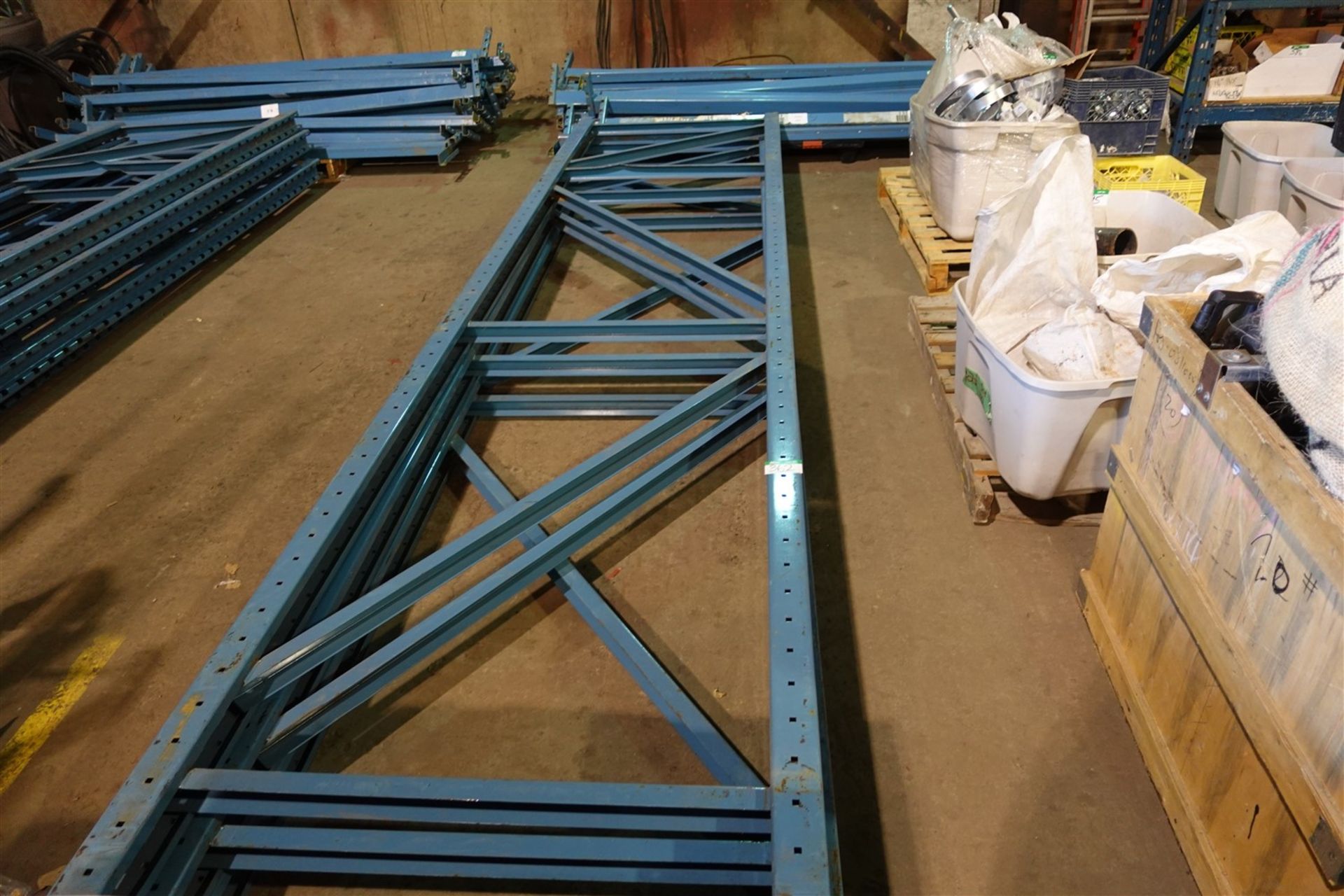 PALLET RACKING - (3) 14 1/2 FT. UPRIGHTS, (19) 3 1/2 IN. X 92 IN. CROSS BEAMS, PALLET OF 2 IN. X 6