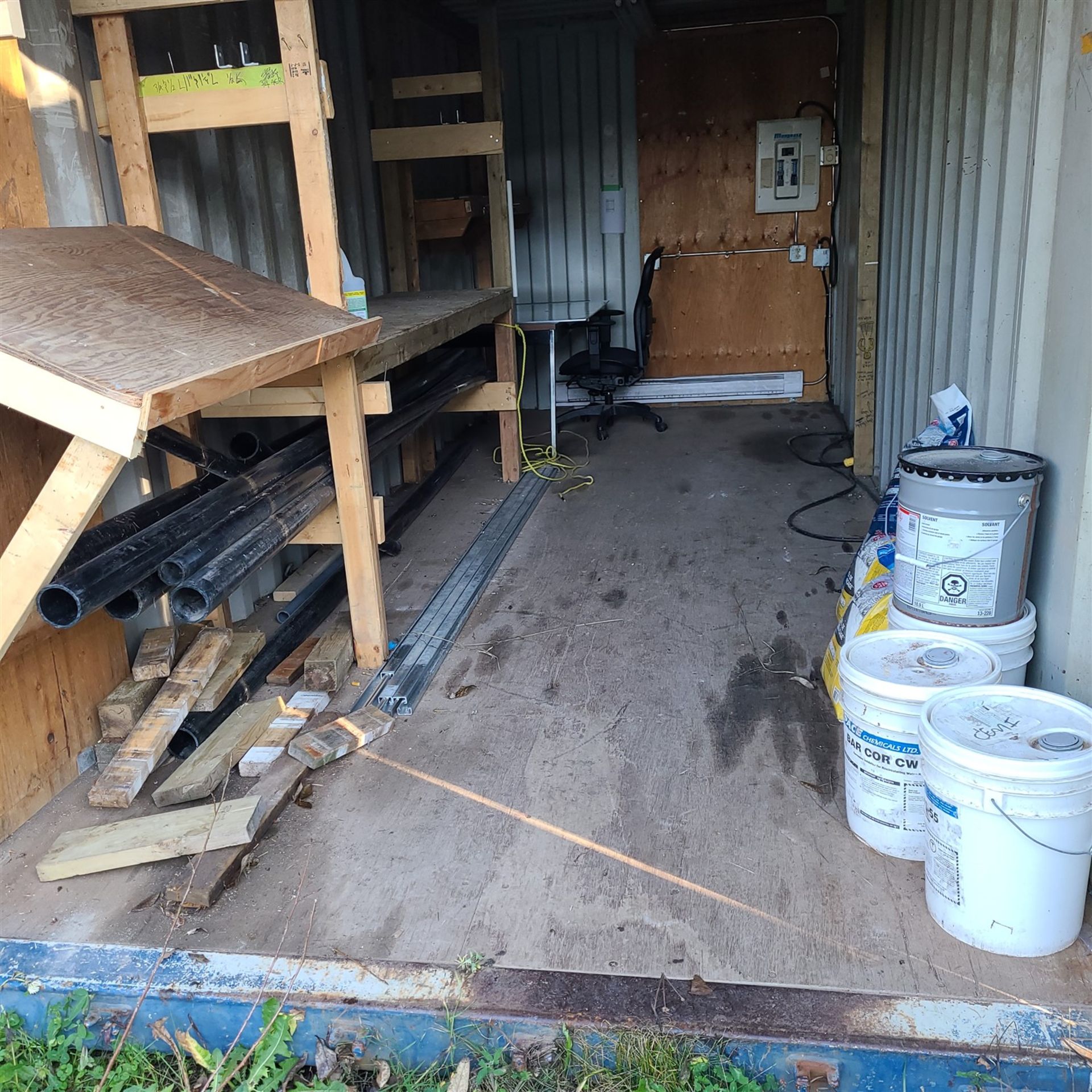 CONTENTS OF CONTAINER IN LOT #93 PVC PIPE, 3 PAILS OF BAR COR CWS-55, 1 PAIL OF SOLVENT, ICE MELT (