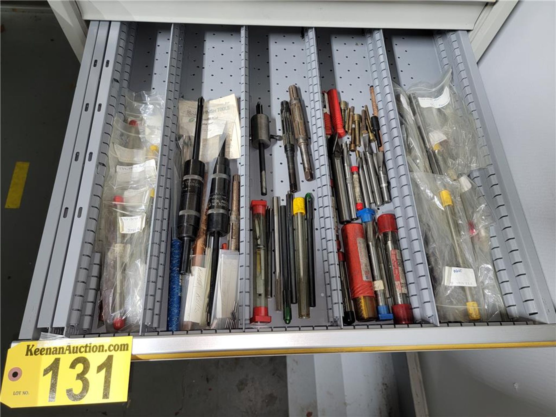 CONTENTS OF DRAWER: ASSORTED REAMERS 3/8-1/2, COUNTER BORES, COGSDRILL ROLL-A-FINISH TOOLS, MISC.