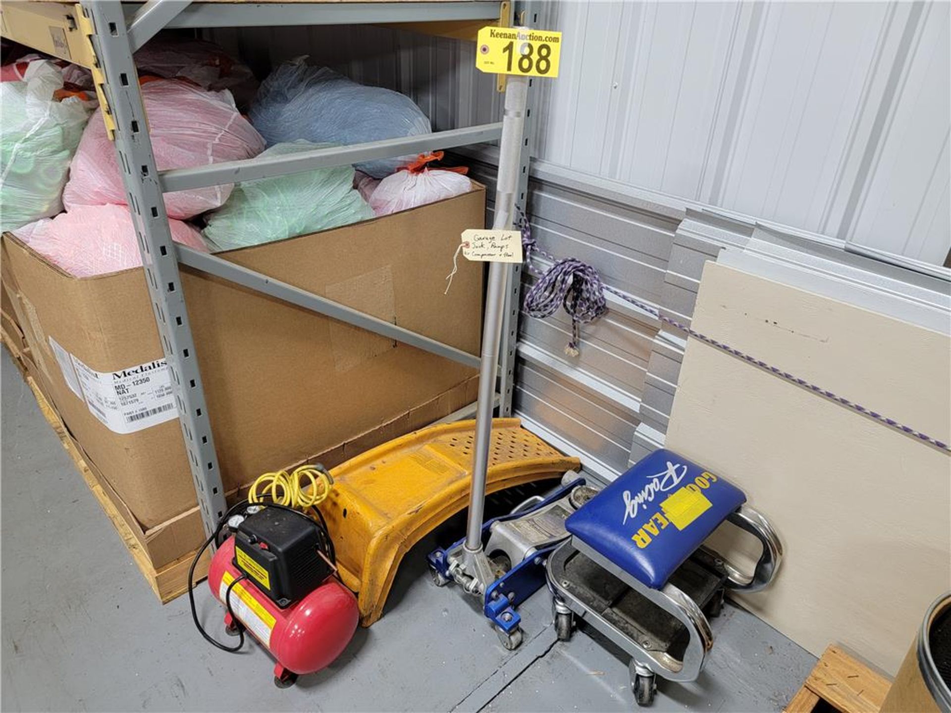 GARAGE LOT: NAPA 2-TON ALUMINUM FLOOR JACK, MECHANIC SEAT, 3-GAL AIR COMPRESSOR, CAR RAMPS