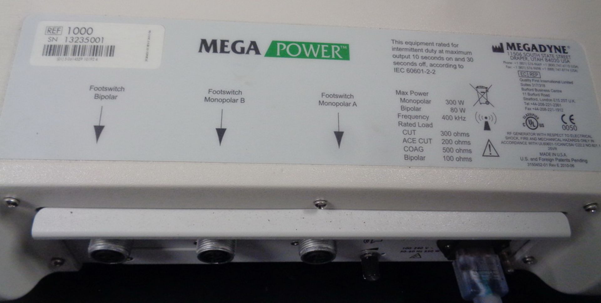 Megadyne Mega Power Electrosurgical Generator, S/N 13235001 - Image 3 of 3