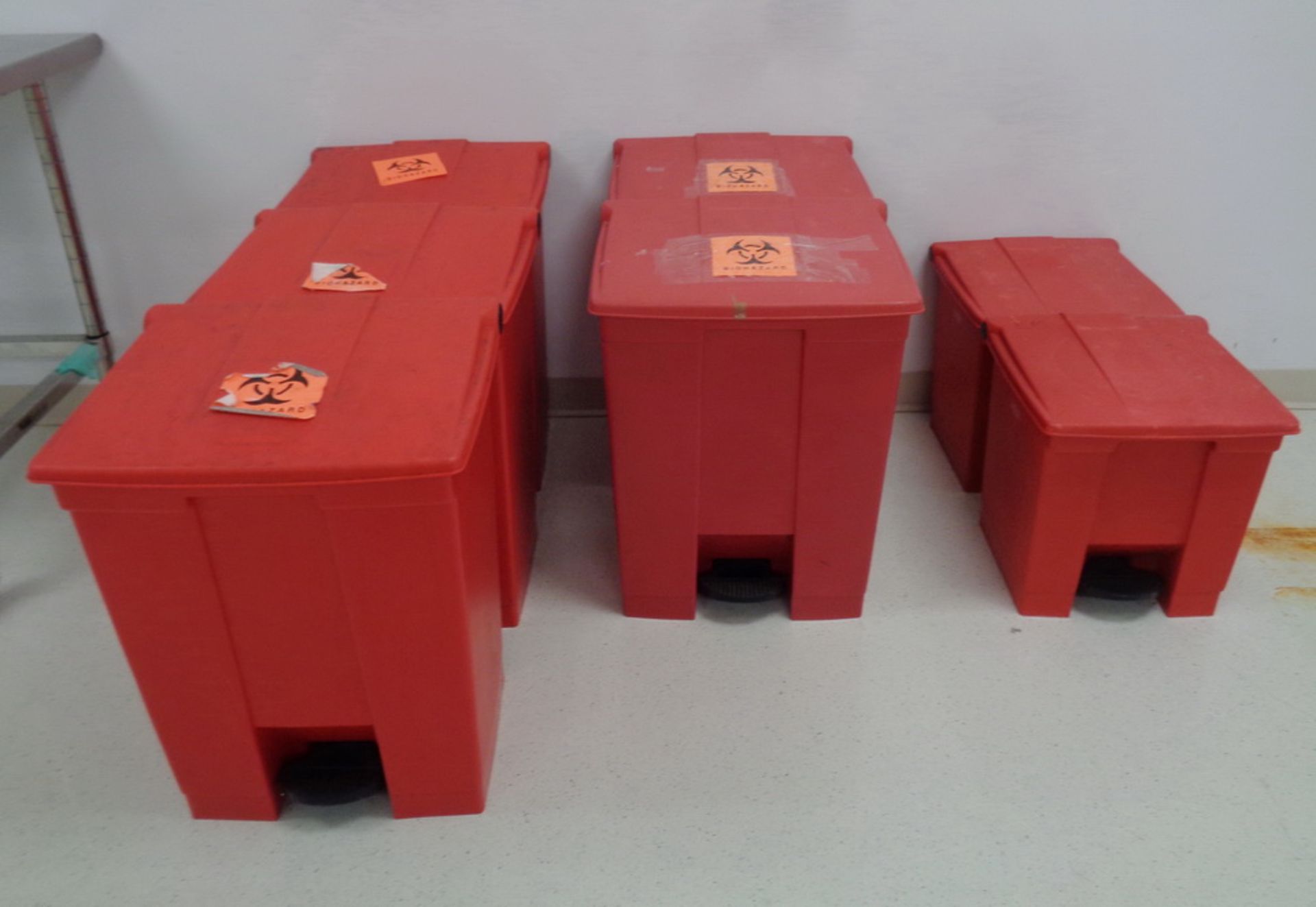 (7) Red Biohazard Trash Bins, various sizes