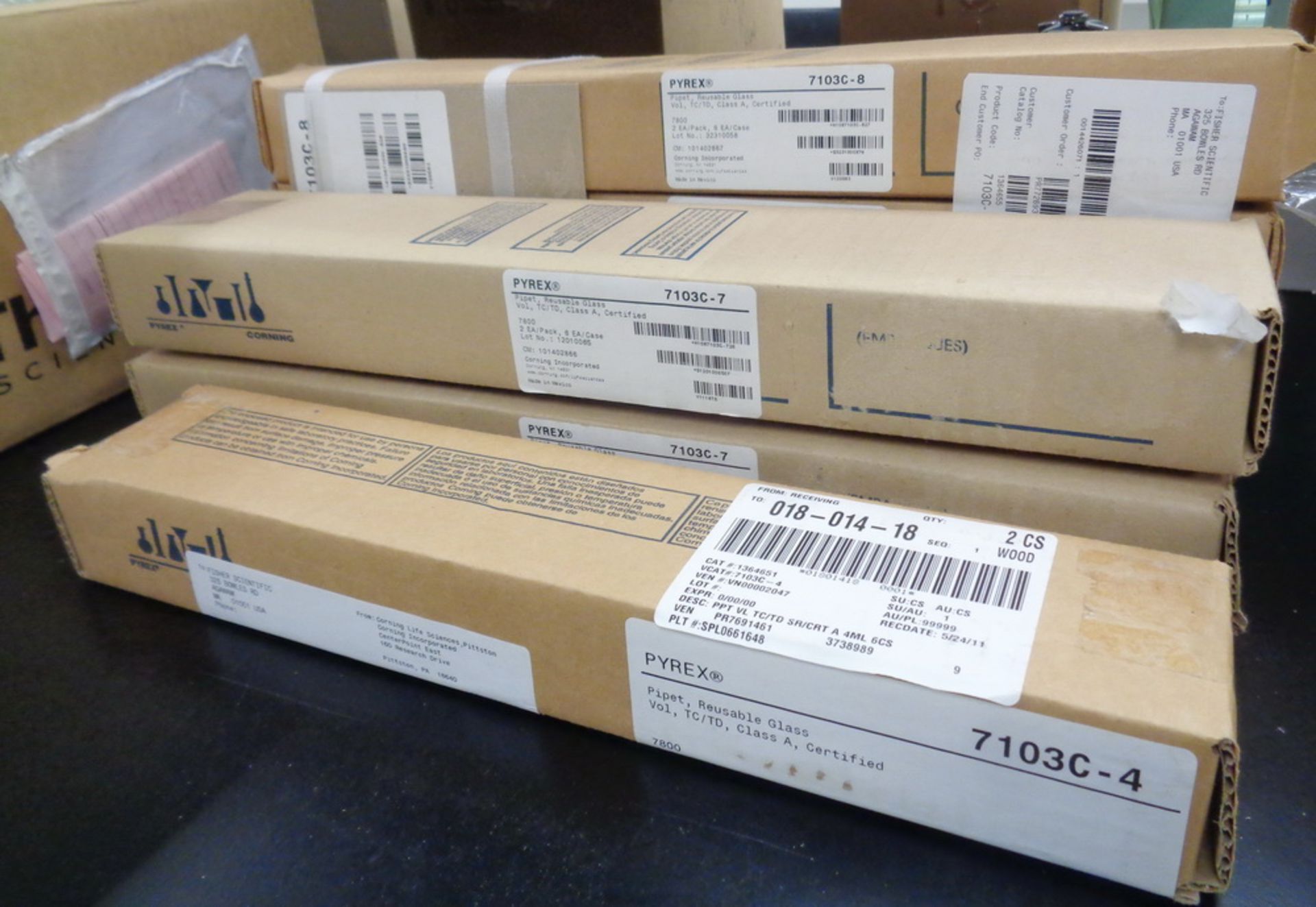 (5) Boxes of Pyrex Reusable Glass Pipettes, Type 7103C-4, 7103C-7, 7103C-8