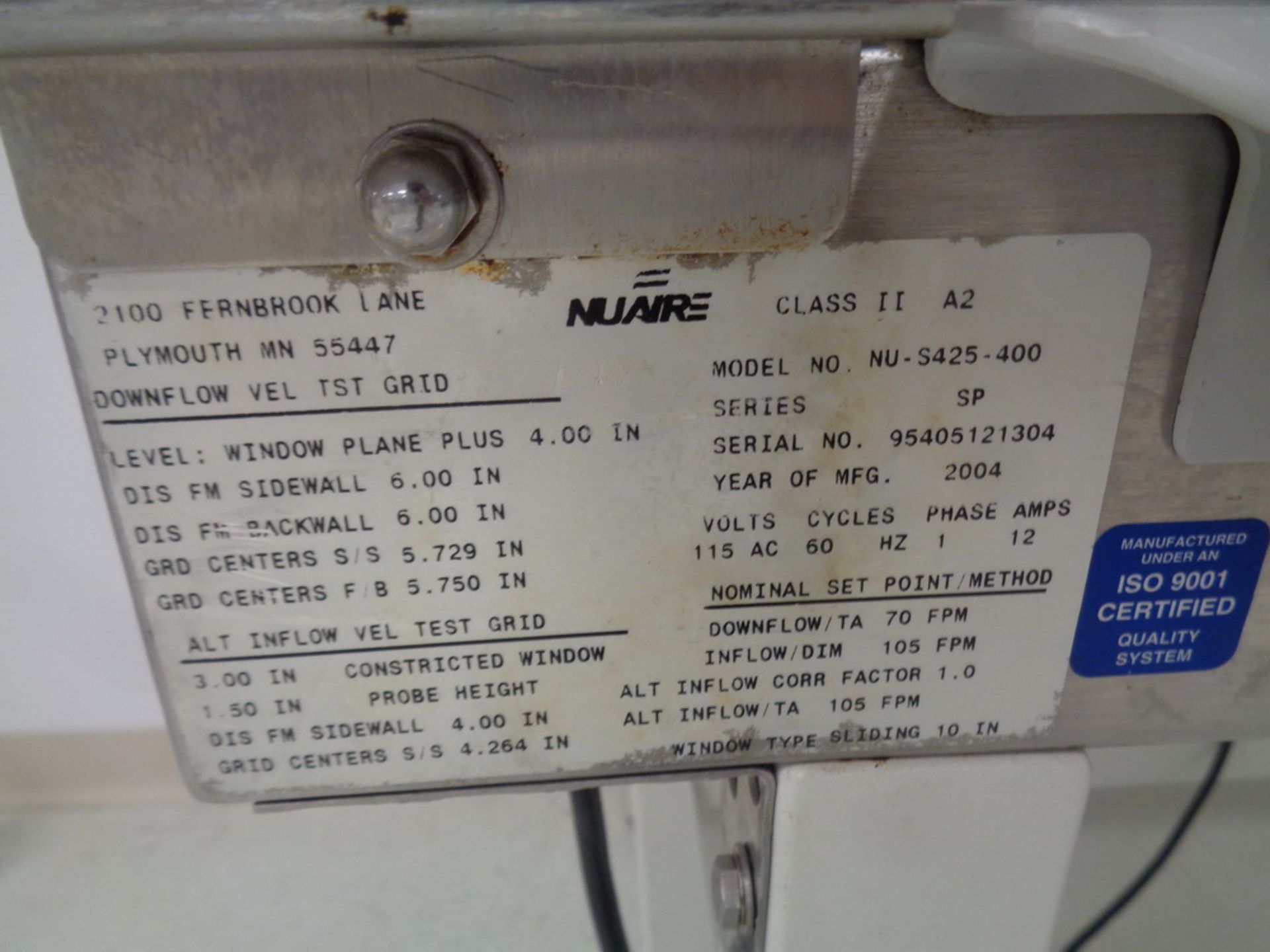 NuAire Biological Safety Cabinet, Class II A2, Model NU-S425-400, Series SP - Image 3 of 3