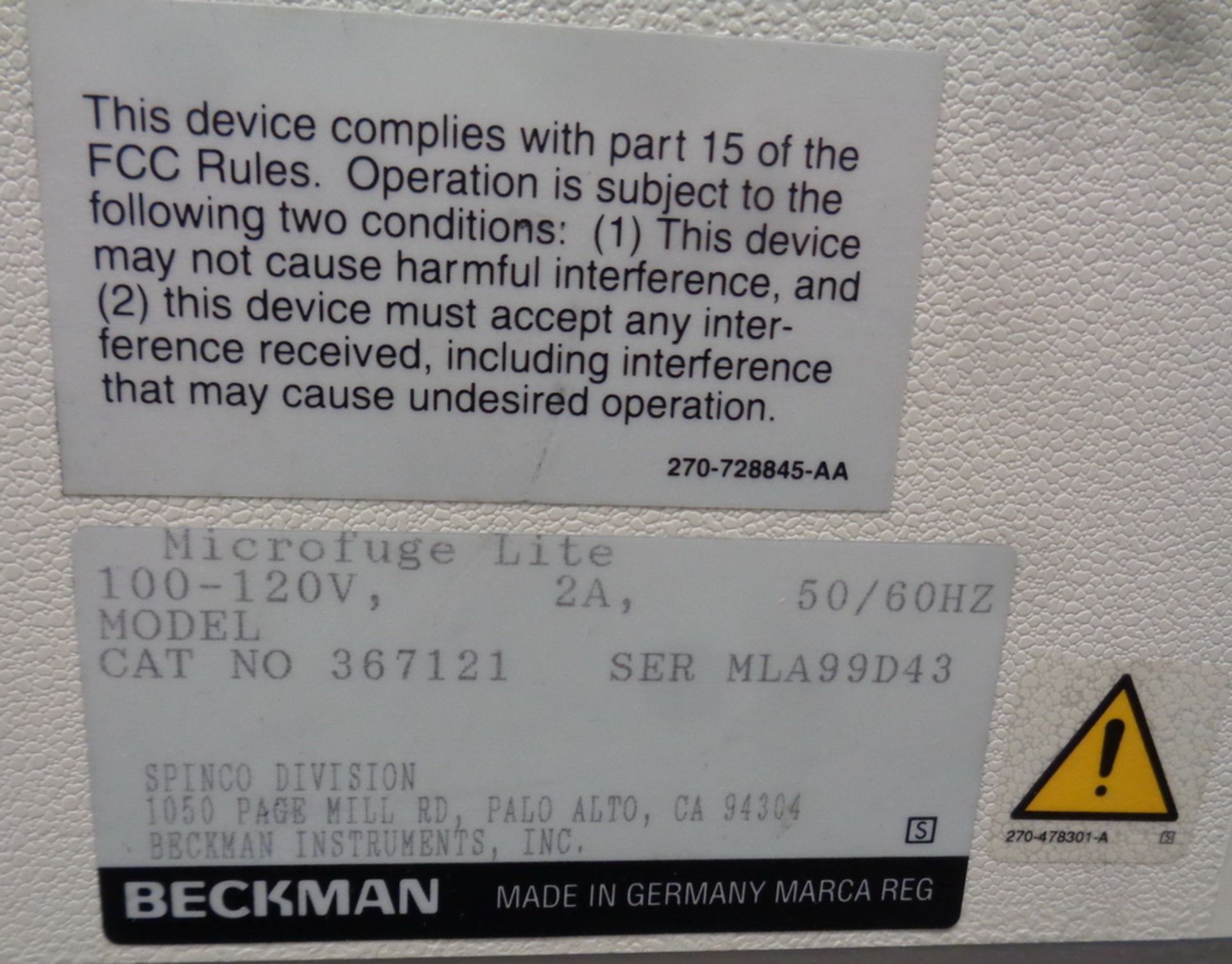 Beckman Microfuge Lite Centrifuge, S/N MLA-99D43 - Image 3 of 3