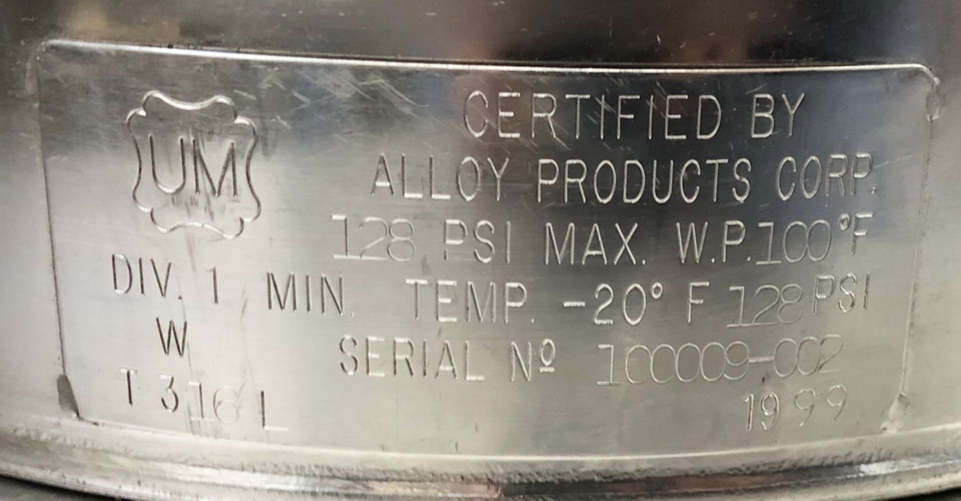 Alloy Products 316SS Pressure Container, approximately 5 gallon, 128 psi mwp - Image 4 of 4