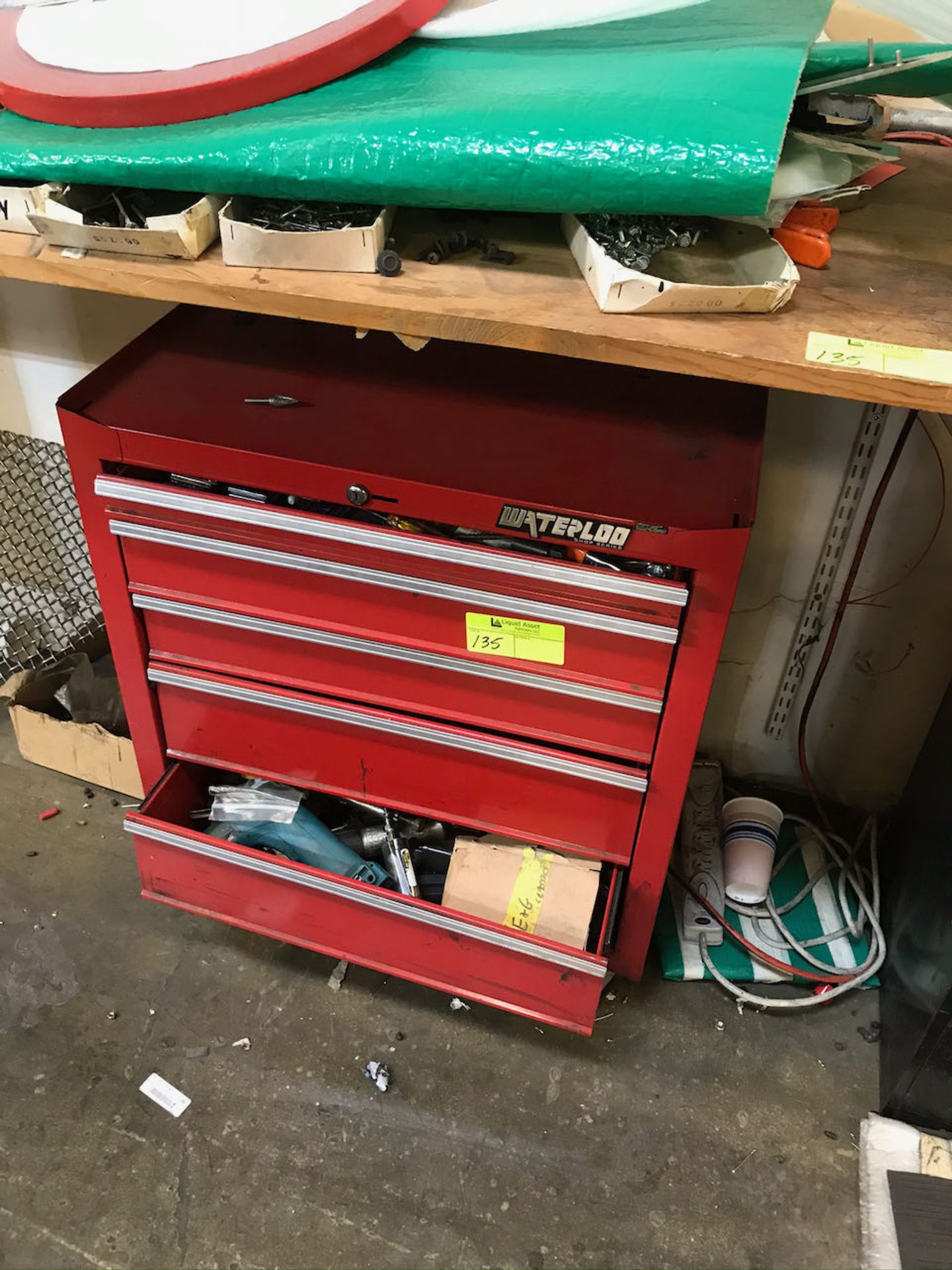 Toolbox, file cabinet, heater, cart and table with misc. items