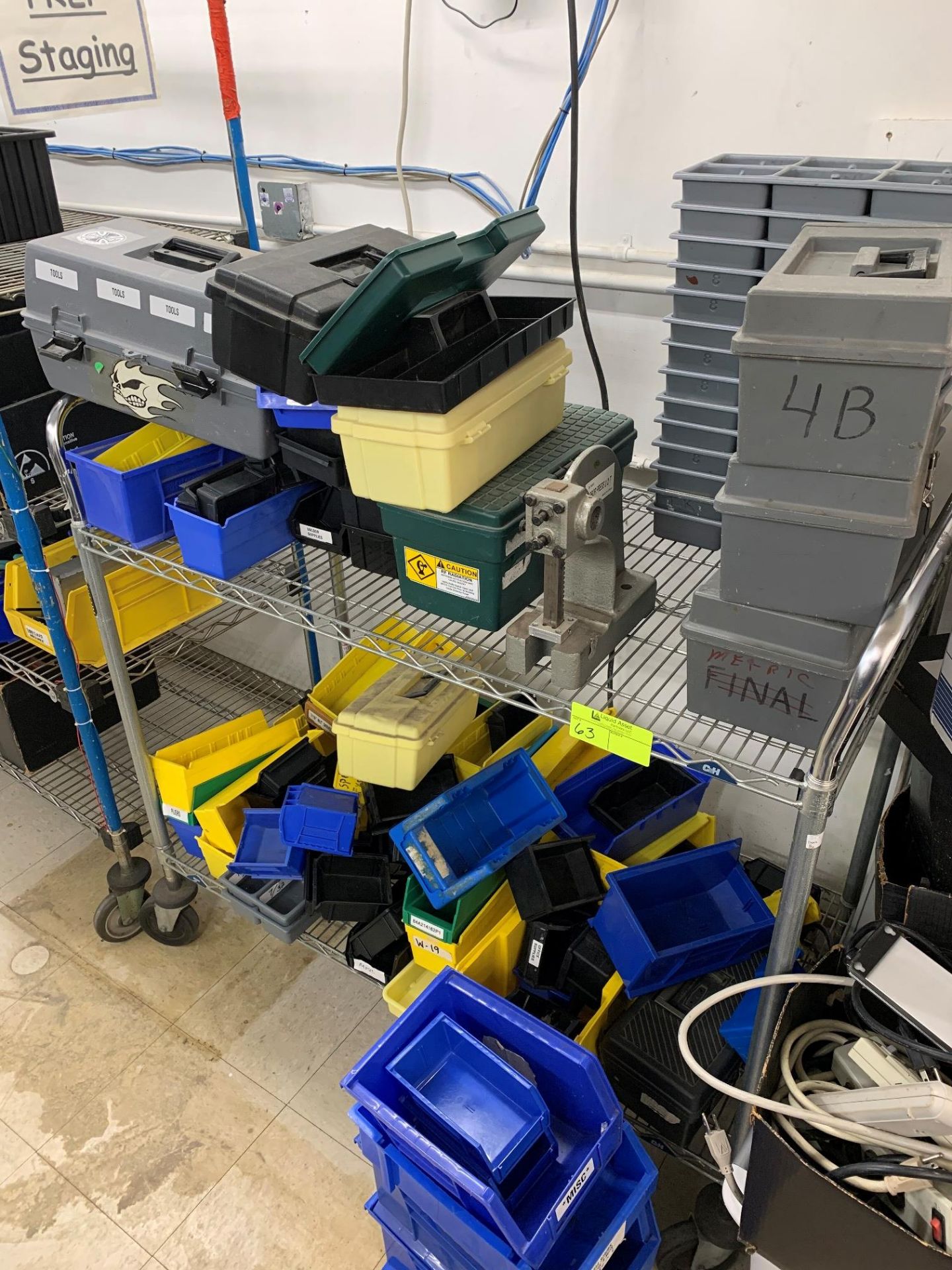 Rack with Bins, tool boxes and various tubs