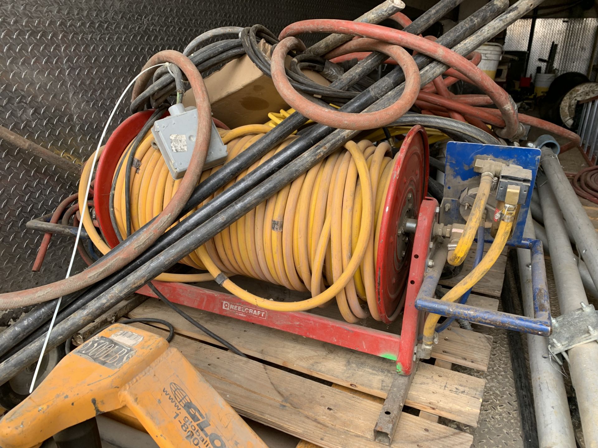 Contents of trailerÉ Pallet jack (5,500 lbs), hoses, reels, risers, fans, motors, bins, tripod winch - Image 6 of 18