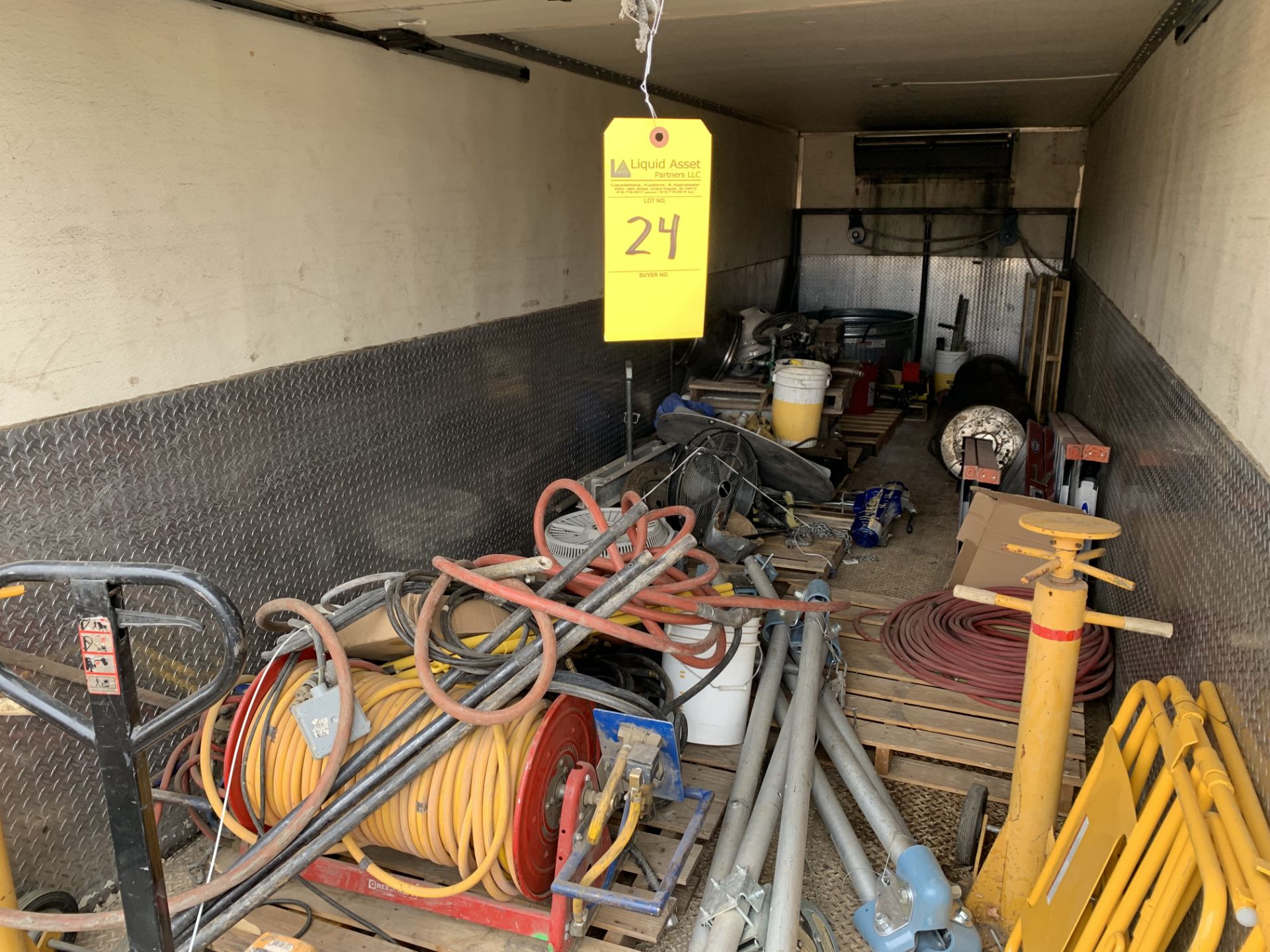 Contents of trailerÉ Pallet jack (5,500 lbs), hoses, reels, risers, fans, motors, bins, tripod winch