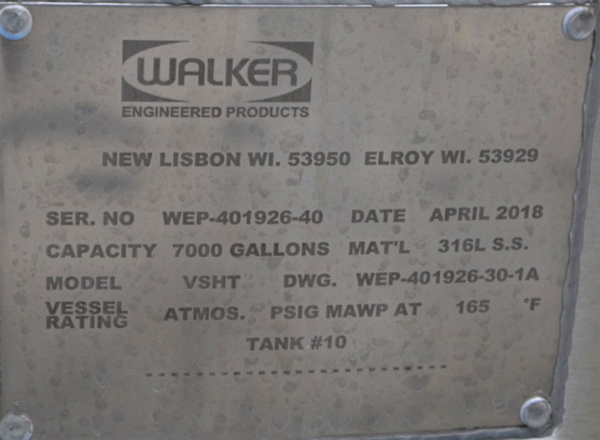7,000 Gallon, 316L Walker WEP40192640 Stainless Steel Vertical Tank, Closed Top, Flat Bottom ( - Image 8 of 8