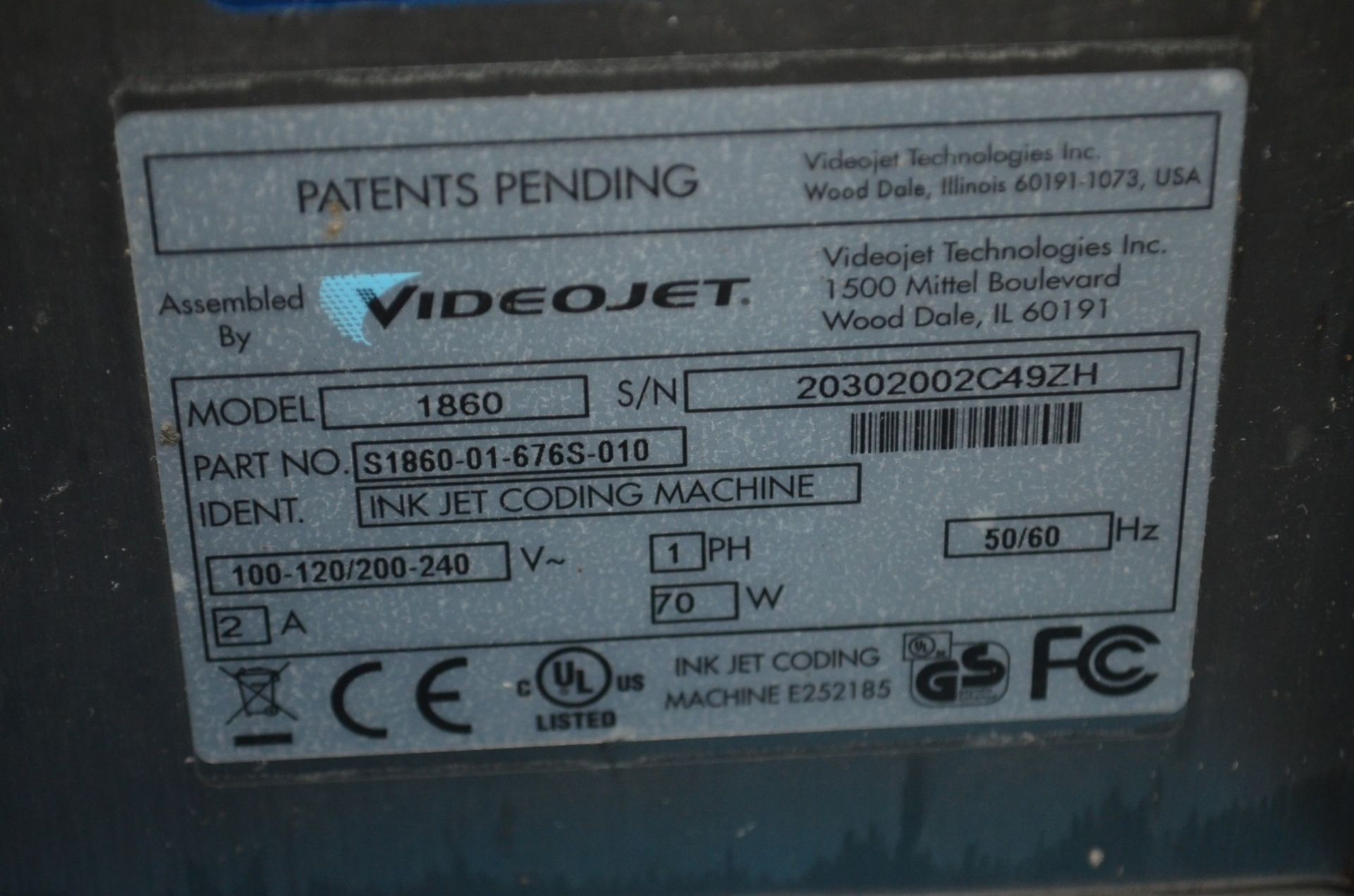 Videojet 1860 Inkjet Coder; Location in Plant: Maintenance/ Storage Area - Image 4 of 4