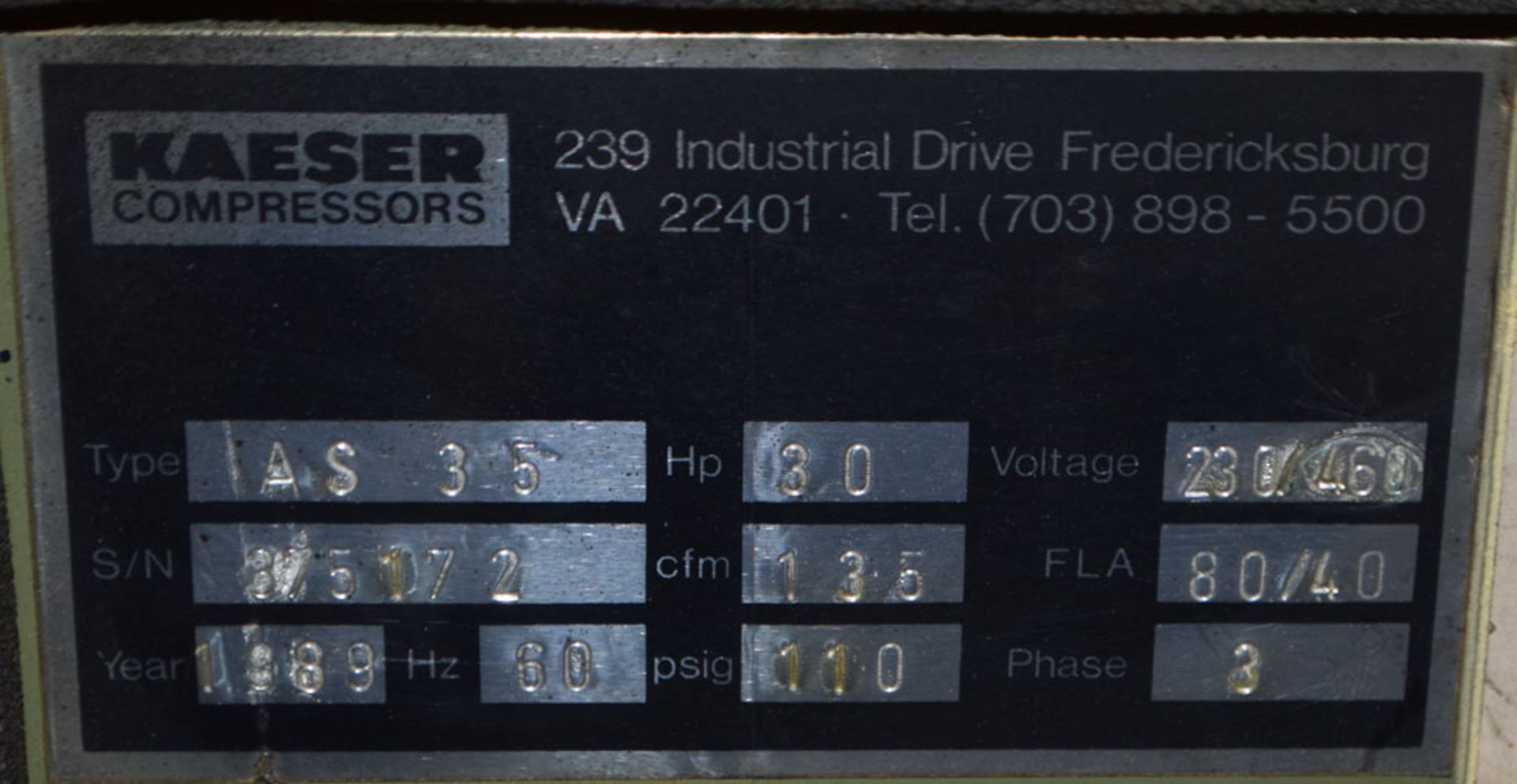 Kaeser AS-35 Rotary Screw Air Compressor, 15910 Hours on meter.; s/n: 375172 (1989) - Location in - Image 3 of 5