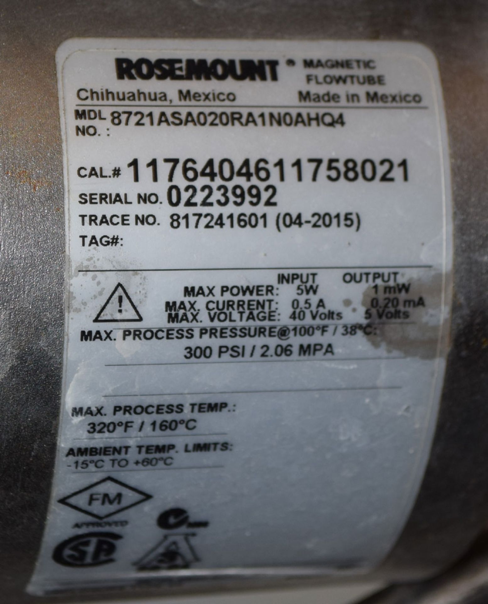Rosemount 8721ASA020RA1N0AHQ4 Magnetic Flow Tube with Transmitter; s/n: 0223992 - Location in Plant: - Image 3 of 5