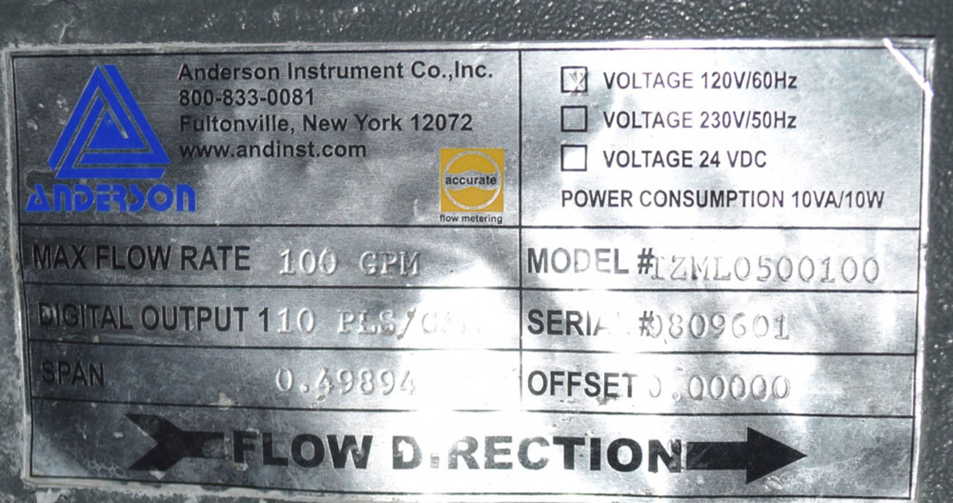 Anderson Instrument IZML0500100 Flow Meter Flow Rate 100 gpm; s/n: 0809601 - Location in Plant: L2 - Image 3 of 3