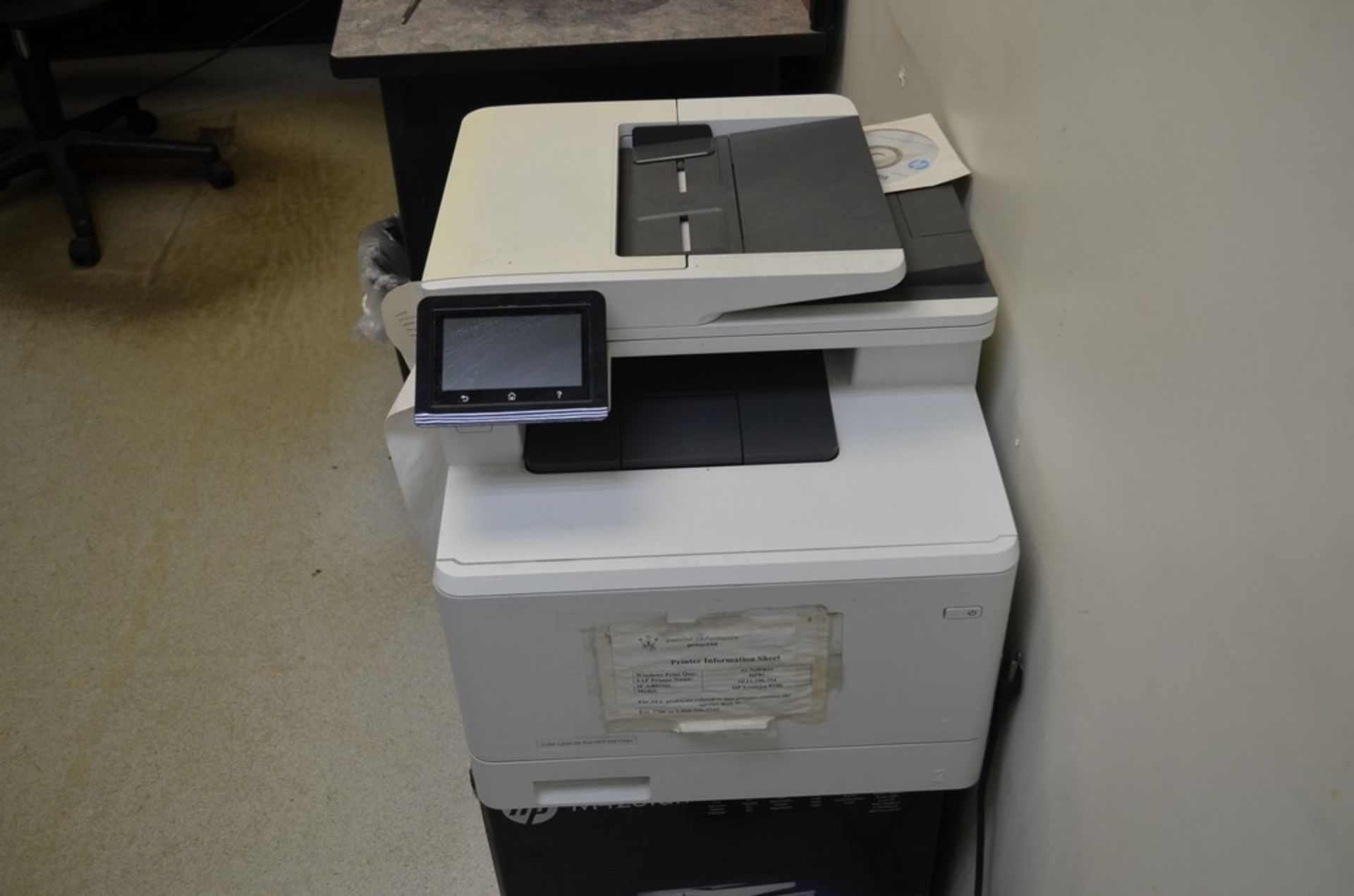 Lot - HP LaserJet Pro MFP477 fdn Printer and Furniture; Location in Plant: 2nd Floor Shipping/