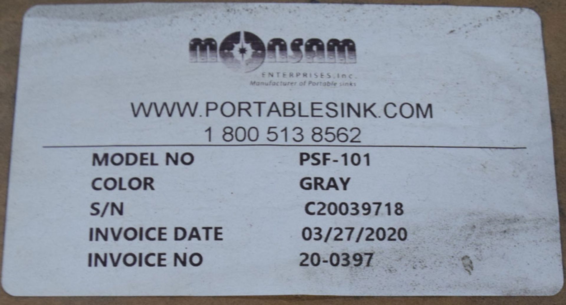 Lot (2) New Monsam Portable Sinks, Model PSF-101, Serial# C20039718 & C20039720.; Location In Plant: - Image 3 of 4