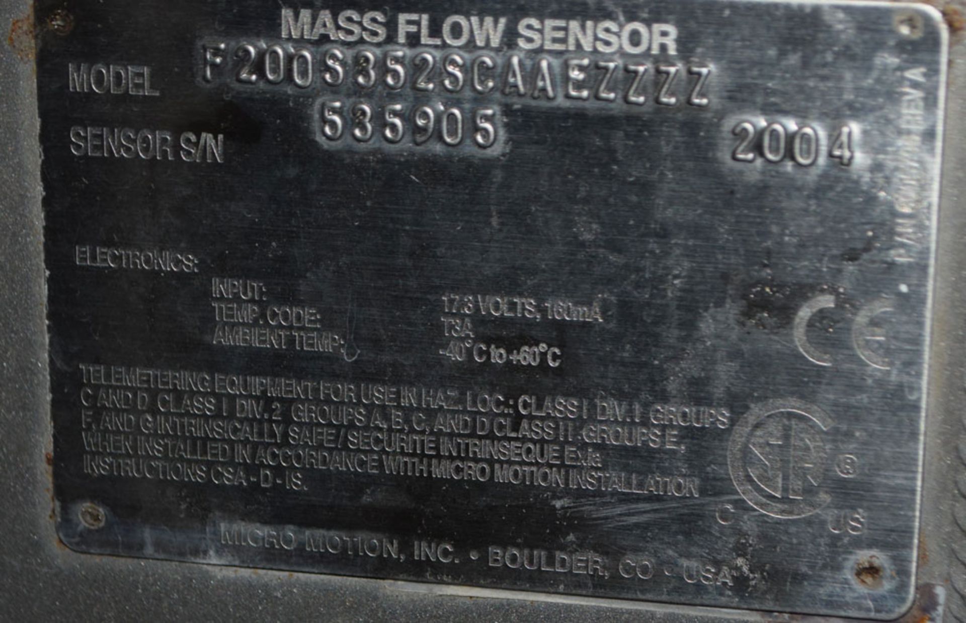 Micro Motion F200S352SCAAEZZZZ Mass Flow Sensor with Transmitter; s/n: 535905 - Location in Plant: - Image 3 of 4