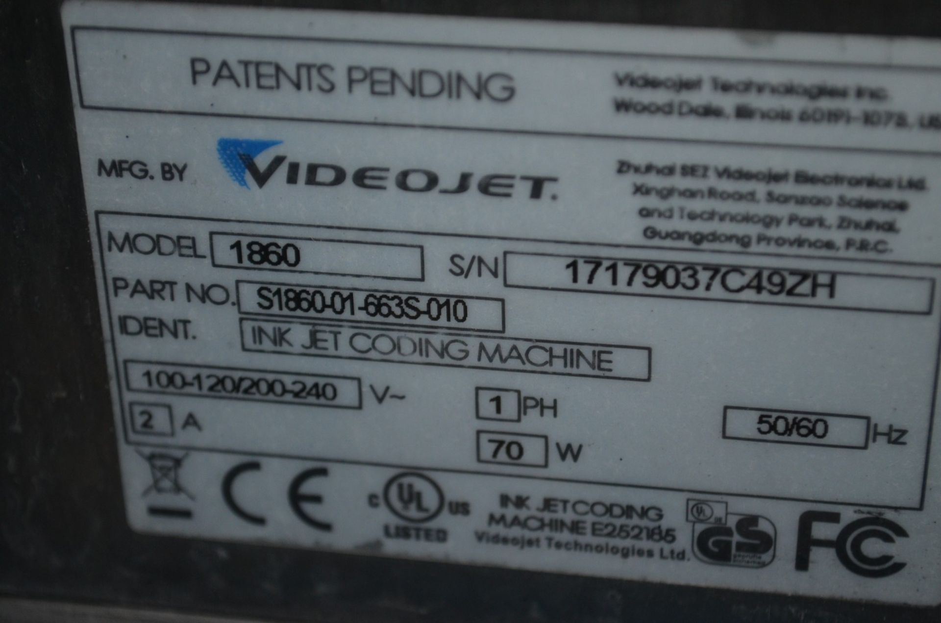 Videojet 1860 Inkjet Coder; Location in Plant: Maintenance/ Storage Area - Image 4 of 4