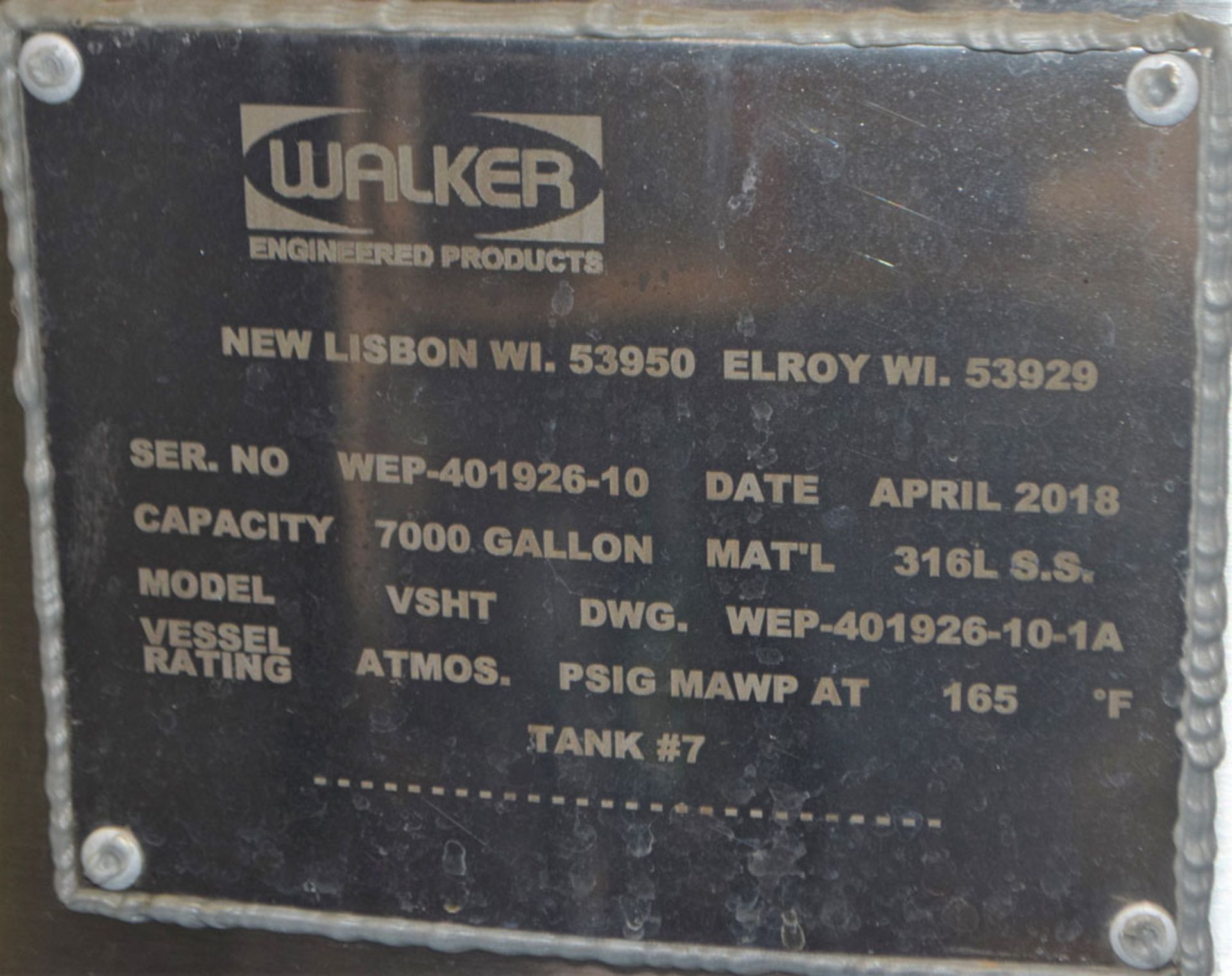 7,000 Gallon, 316L Walker WEP40192610 Stainless Steel Vertical Tank, Closed Top, Flat Bottom ( - Image 8 of 8