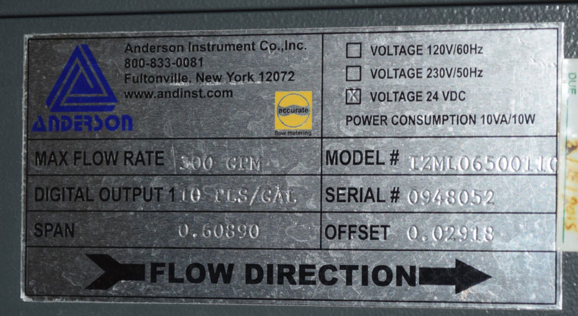 Anderson Instrument IZML06500110 Flow Meter Flow Rate 300 gpm; s/n: 0948052 - Location in Plant: - Image 3 of 3