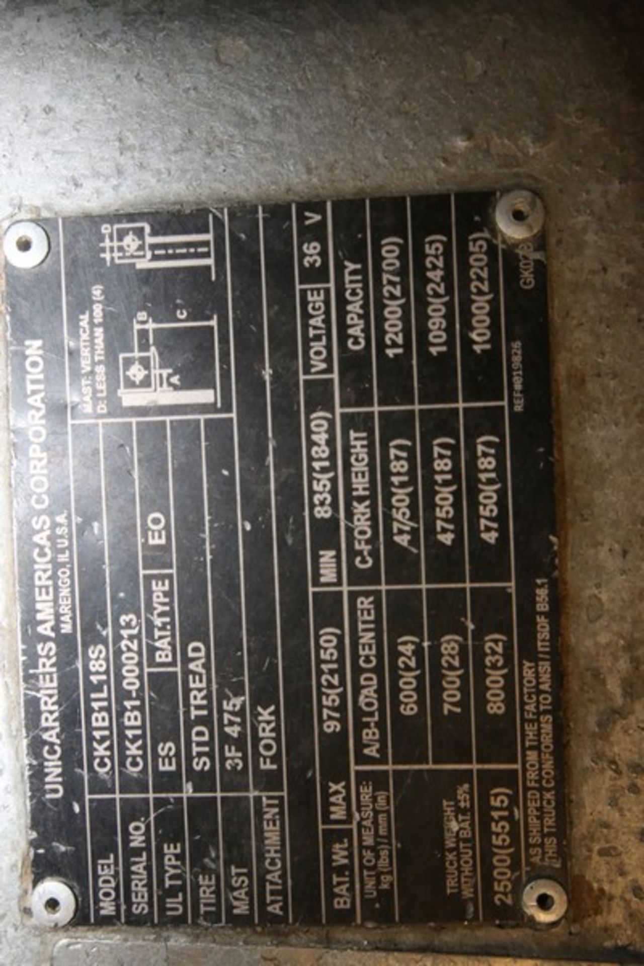 Unicarries 2,500 lbs. Sit-Down Electric Forklift, M/N CK1B1L18S, S/N CK1B1-000213, with 3-Stage - Image 10 of 23
