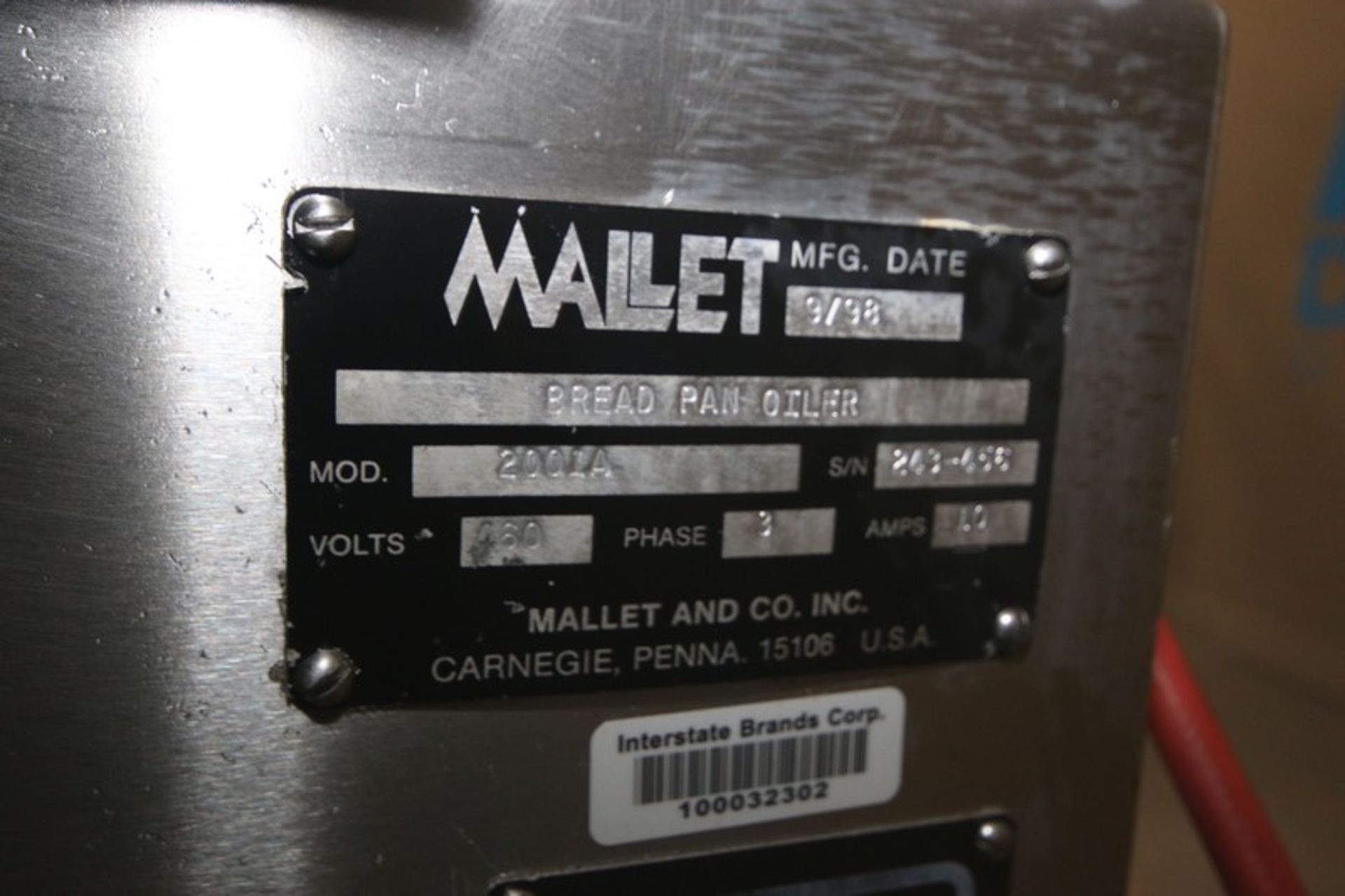 Mallet S/S Bread Pan Oiler,M/N 2001A, S/N 243-456, 460 Volts, 3 Phase, with Casters (INV#77729)( - Image 10 of 11