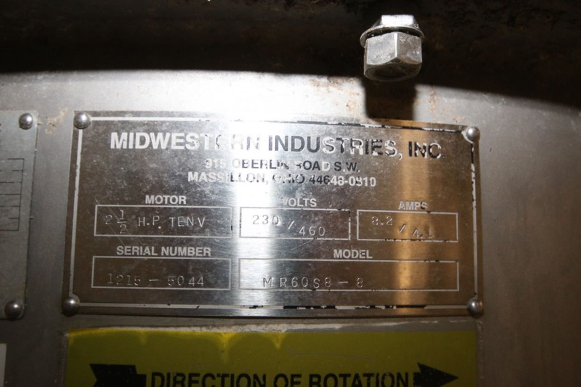 Midwestern Industries 60" S/S Vibratory Sifter,Model MR60S8-, S/N 1215-5044, 2.5 hp/1200rpm, 230/ - Image 3 of 12