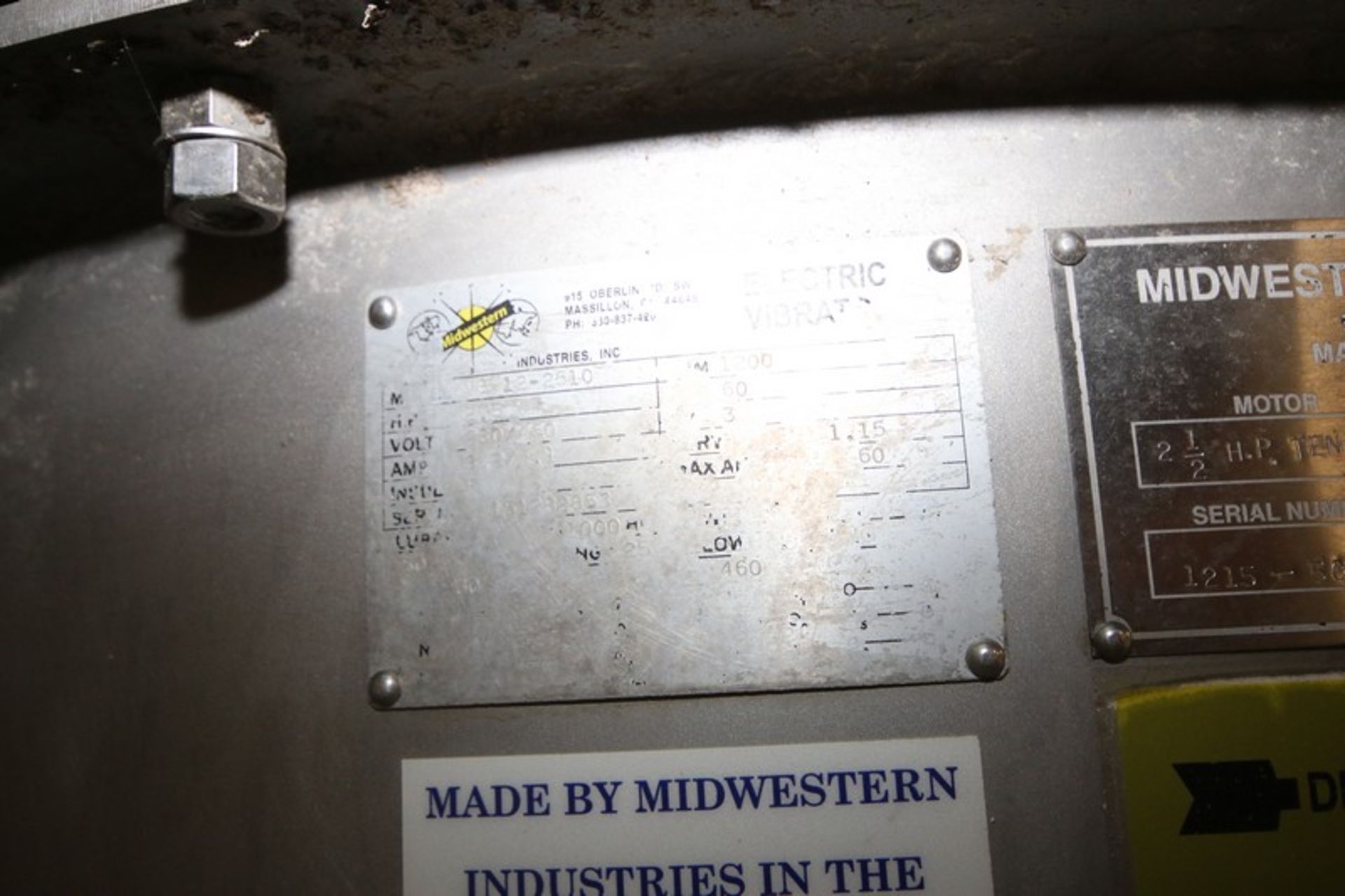 Midwestern Industries 60" S/S Vibratory Sifter,Model MR60S8-, S/N 1215-5044, 2.5 hp/1200rpm, 230/ - Image 2 of 12