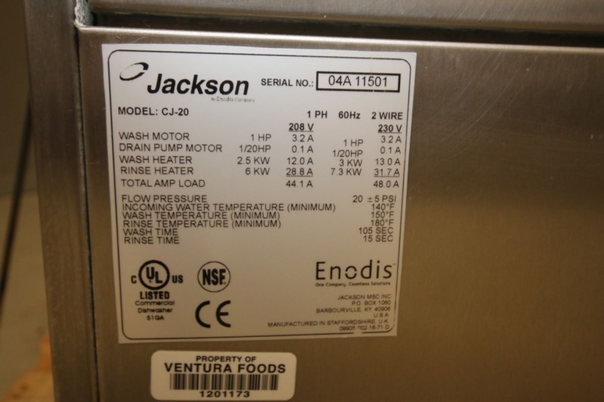 Jackson JPX-200 S/S Commericial Dish Wash Washer,Model CJ-20, SN 04A 11501, 208V (INV#80941)(Located - Image 4 of 4