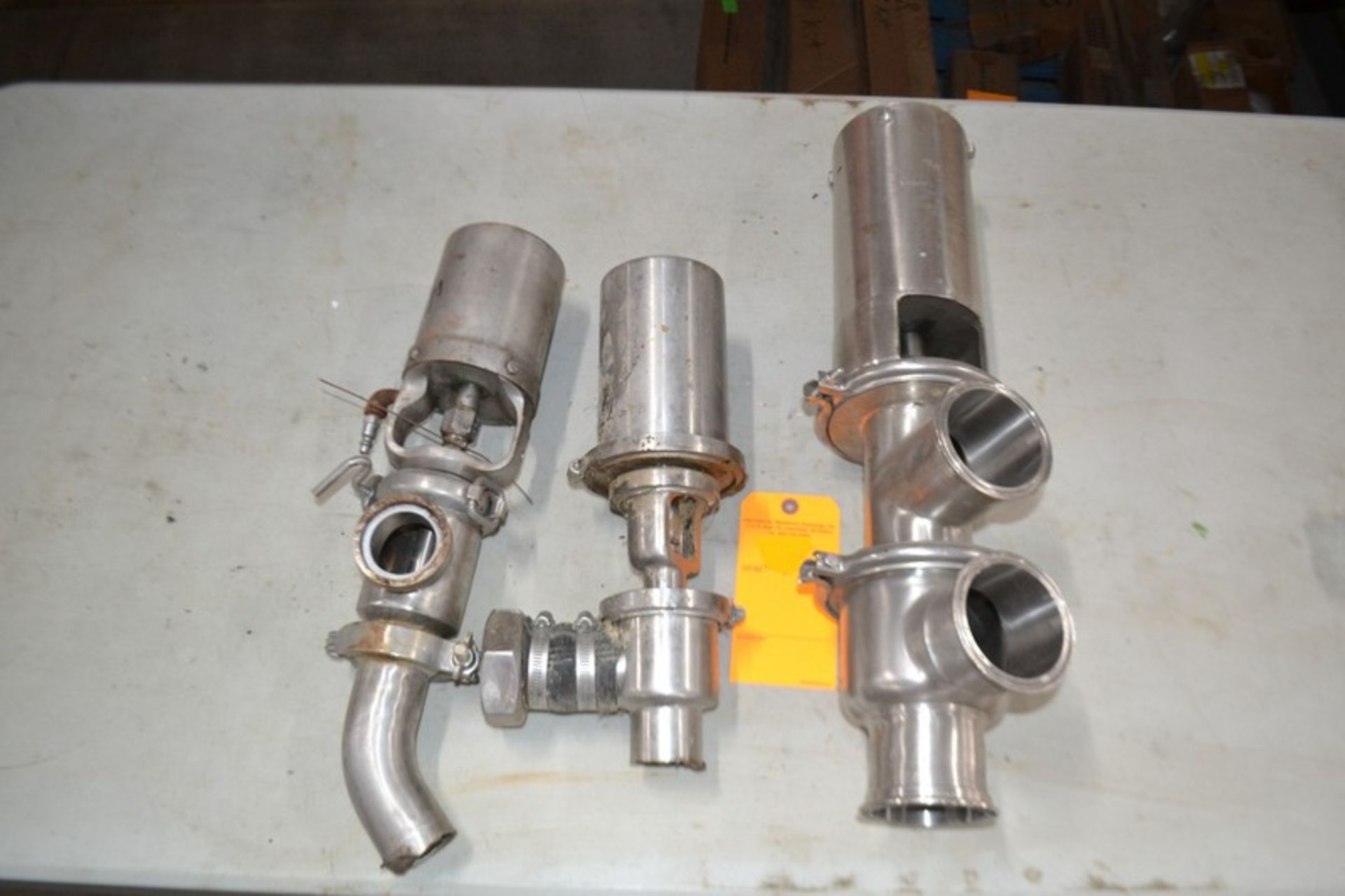 Lot of 3 S/S Valves (1) 3" Divert Type Air Valve and (2) Stainless Product 2" Stop Valves.