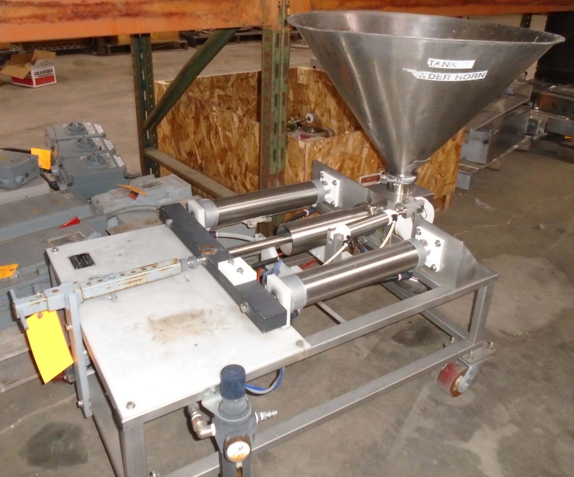 All S/S Piston Filler: on S/S Frame, with Casters; Model F-10: 3" Diameter Dual Cylinder Assist;