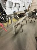 (2) METAL SAW HORSES, (1) WELDING CONVEYOR, (1) S/S RACK