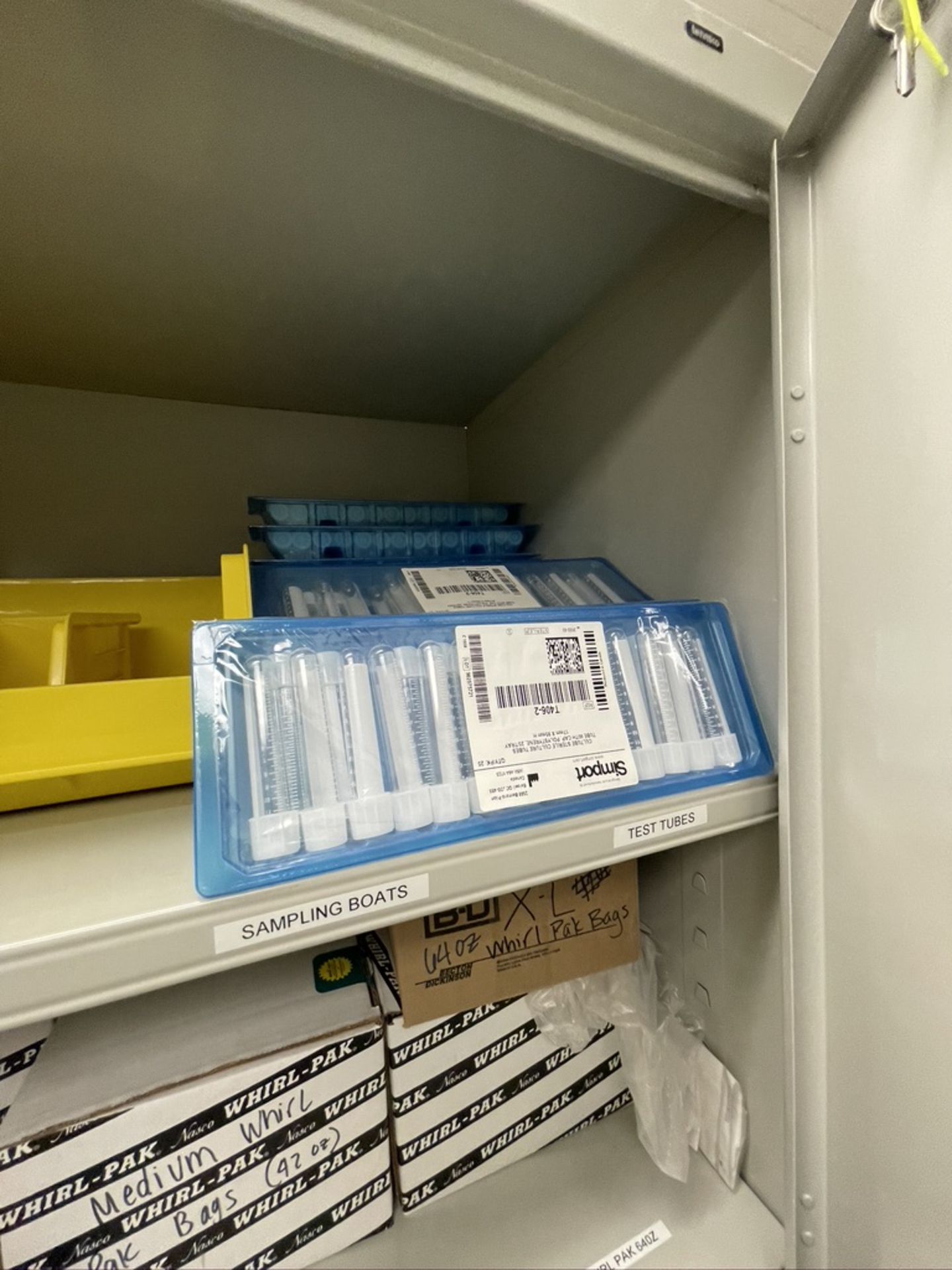 CONTENTS OF SHELF INCLUDING VARIOUS LAB SUPPLIES, TEST TUBES, DISPOSABLE TRIERS AND MORE. - Image 8 of 8