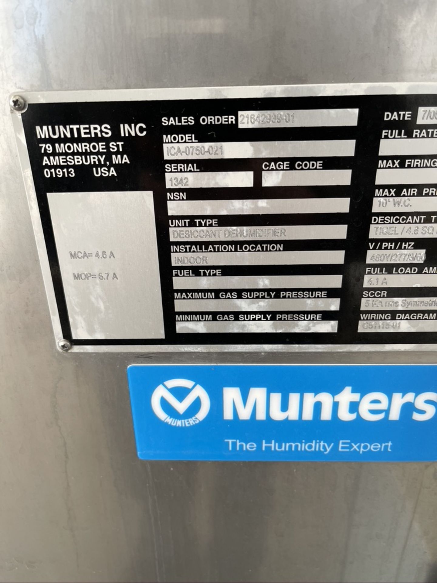 MUNTERS CUSTOM AIR HANDLER MODEL ICA-0750-021, S/N 1342, MAX AIR PRESSURE 10" W.C. MAX A - Image 7 of 14