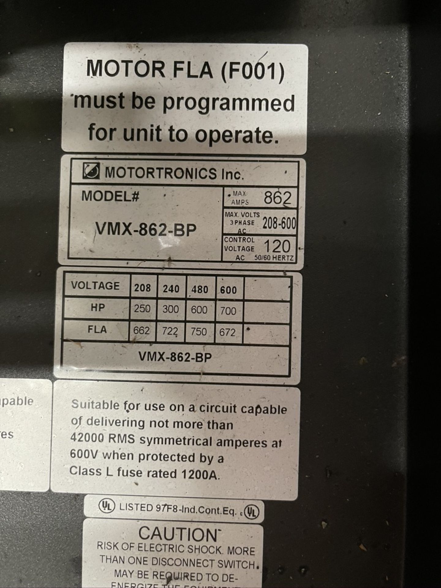 MOTORTRONICS SOLID STATE SOFT STARTER, MODEL VMX-862-BP, S/N 257958, 250 HP @ 208 V, 300 HP @ 240 V - Image 7 of 9